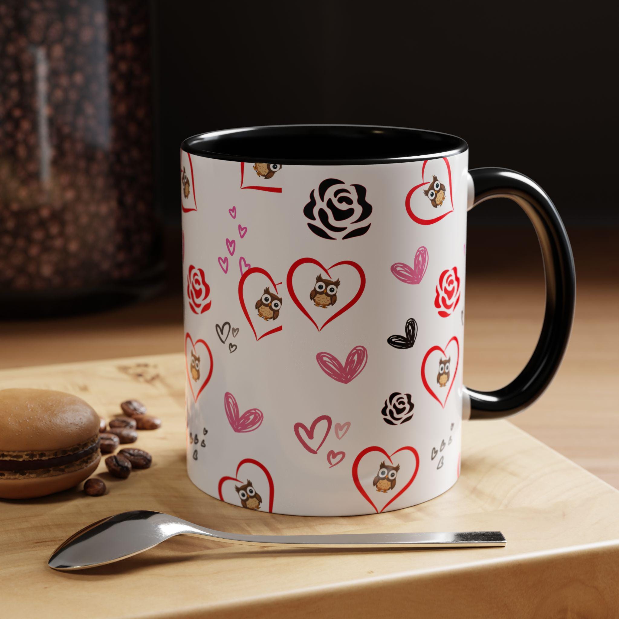 Valentine Owl Heart Pattern Accent Coffee Mug | 11oz 15oz | Valentines Mug | Heart Mug | Mug For Her |