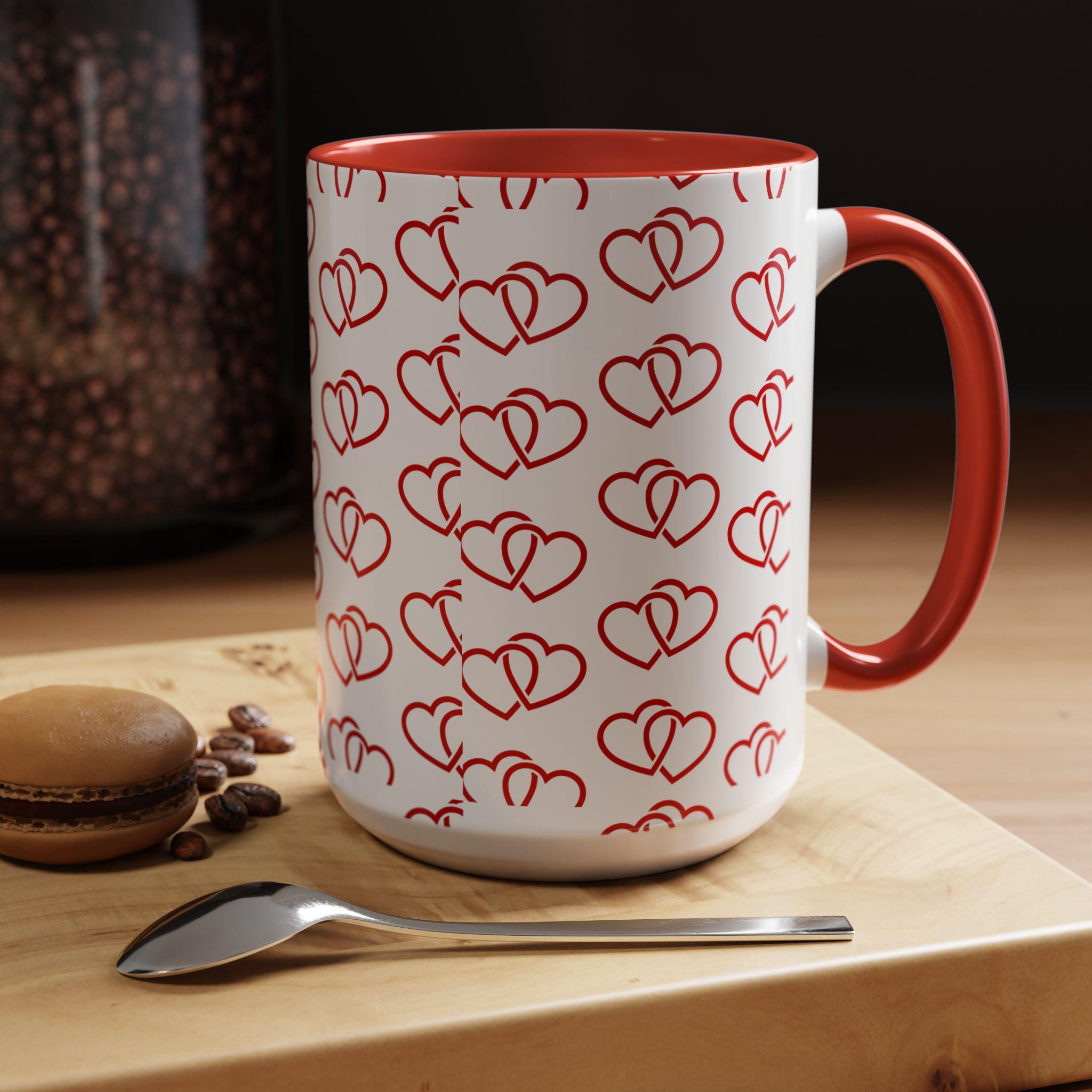 Linked Heart Pattern Valentine Accent Coffee Mug | 11oz 15oz | Love Mug | Heart Mug | Valentines Day Gift
