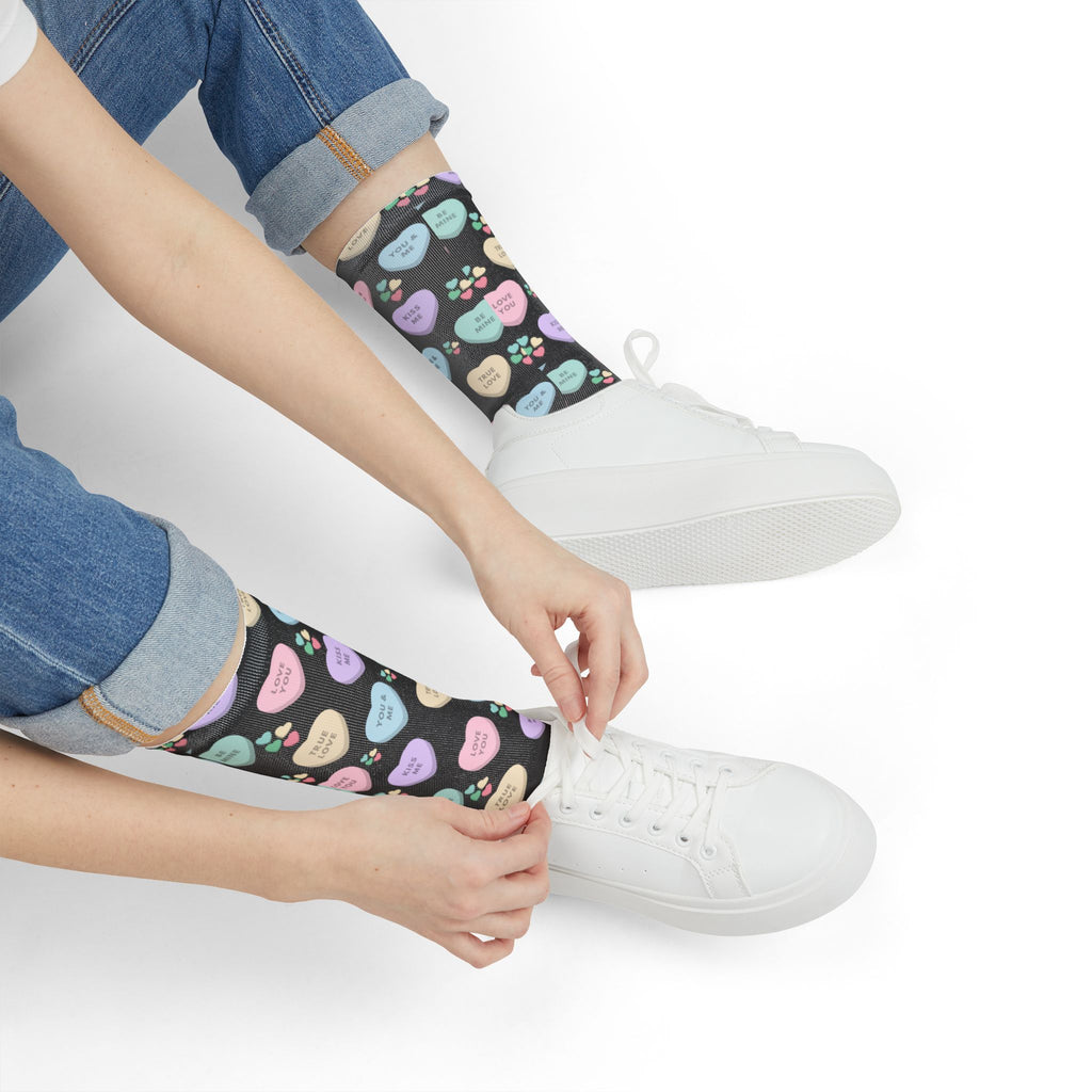 Candy Kisses Valentines Day Crew Socks (black)| Heart Socks | Candy Socks |