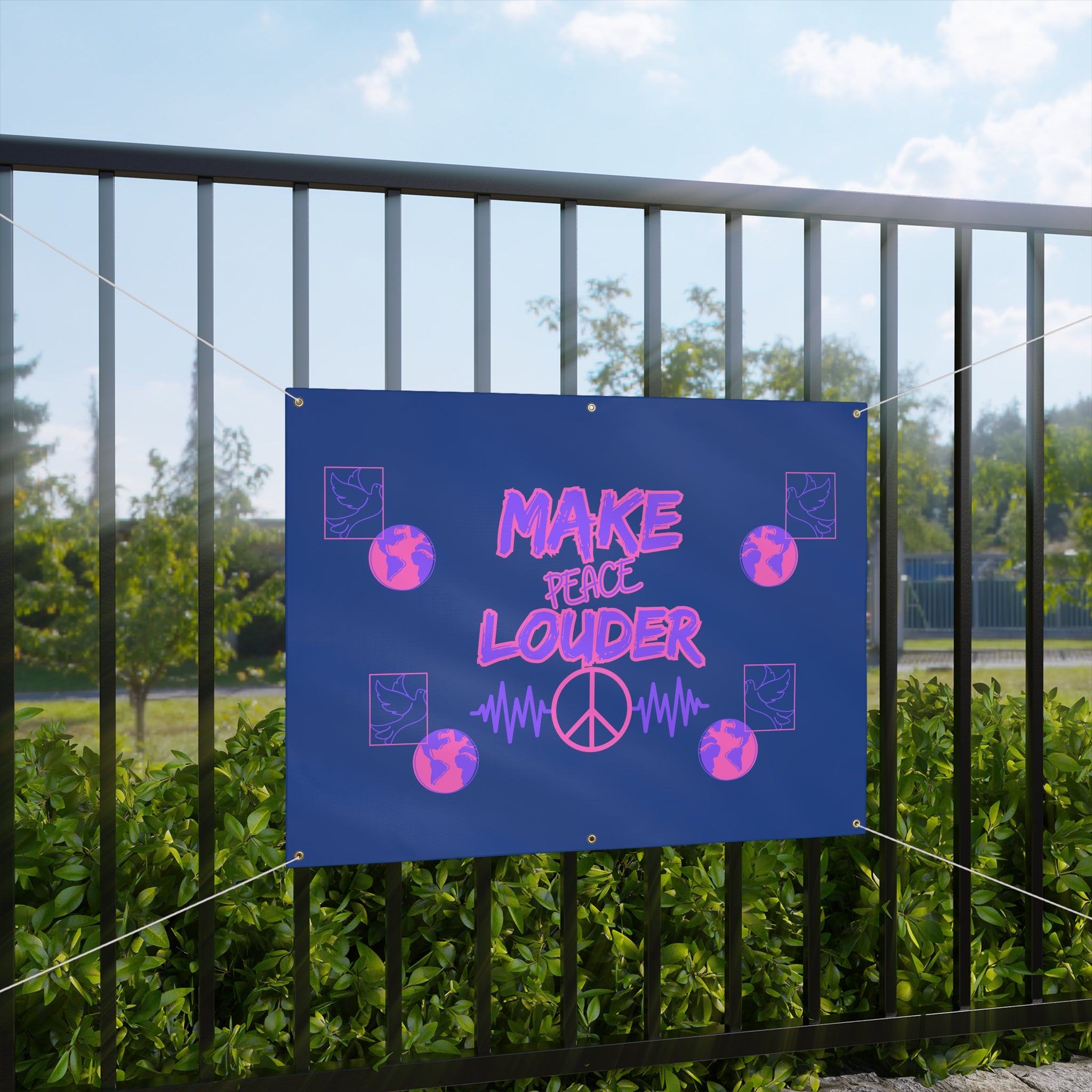 Make Peace Louder Banner(Purple|Pink) | Neon Peace Sign Protest Yard Flag | Social Justice Banner | Peaceful Activist Banner |