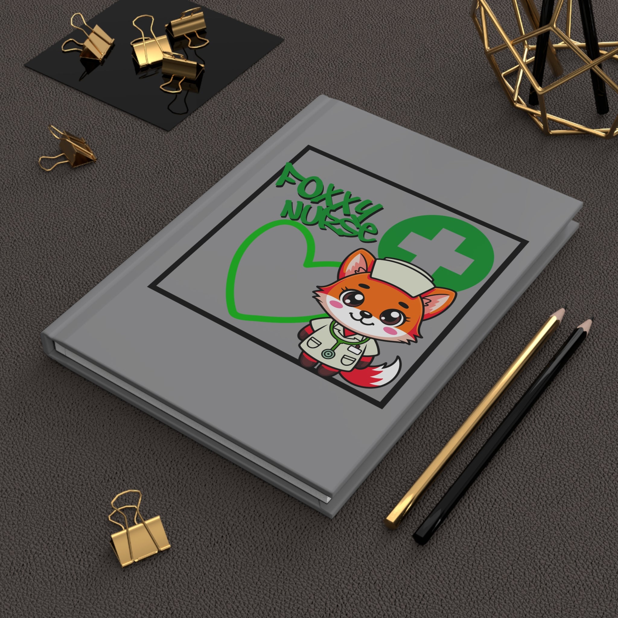 Foxxy Nurse Hardcover Journal(Green|Grey)| Cute Nurse Fox Medical Notebook | Cute Medical Journal |