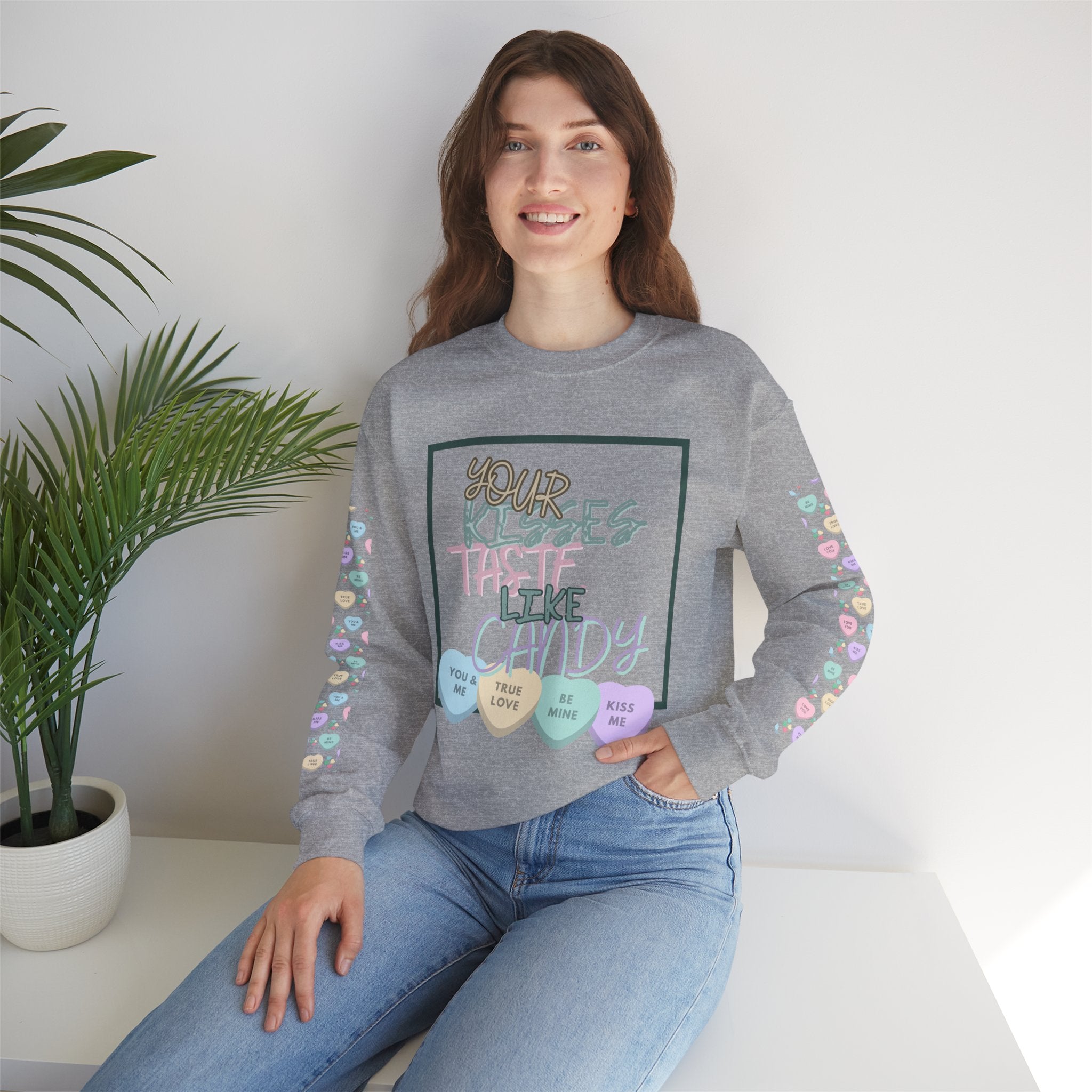 Candy Kisses Valentines Day Crewneck Sweatshirt | Heart Sweater | Candy Sweater |