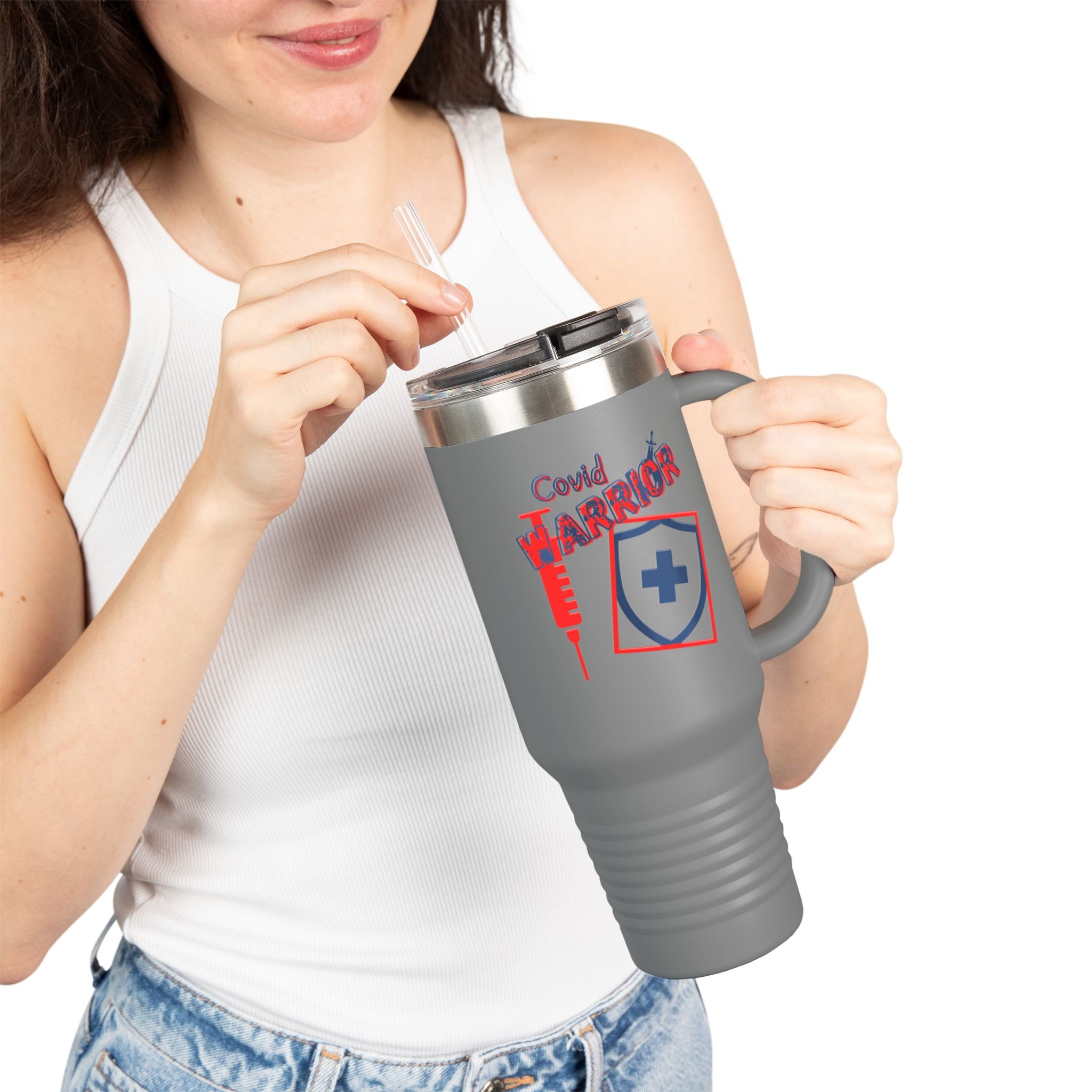 COVID Warrior 40oz Insulated Travel Mug(RedBlue)|Tumbler for Medical Professional| EMS Travel Mug |