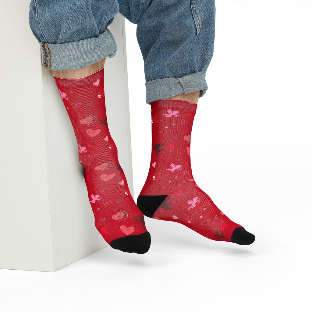Valentines Love Is a Battlefield' Crew Socks (red)| Cupid Socks | Valentines Day Socks | Heart Socks |