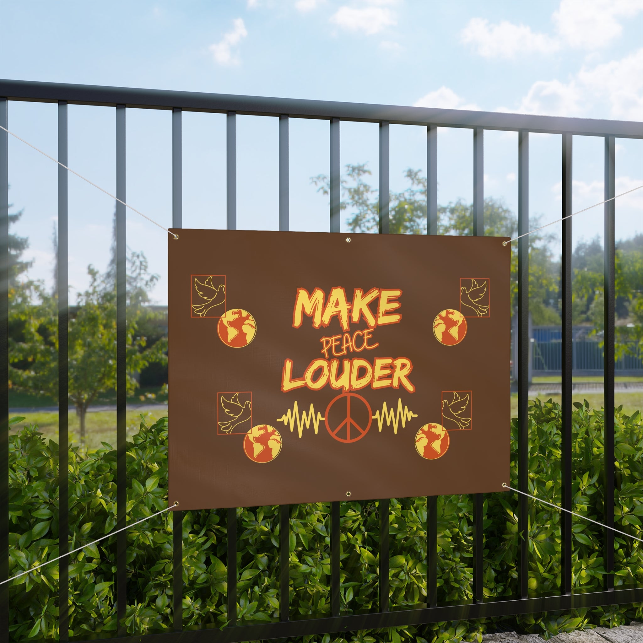 Make Peace Louder Banner (Brown|Yellow)| Outdoor Peace & Unity Matte Banner | Peaceful Activism Banner | Social Justice Banner |