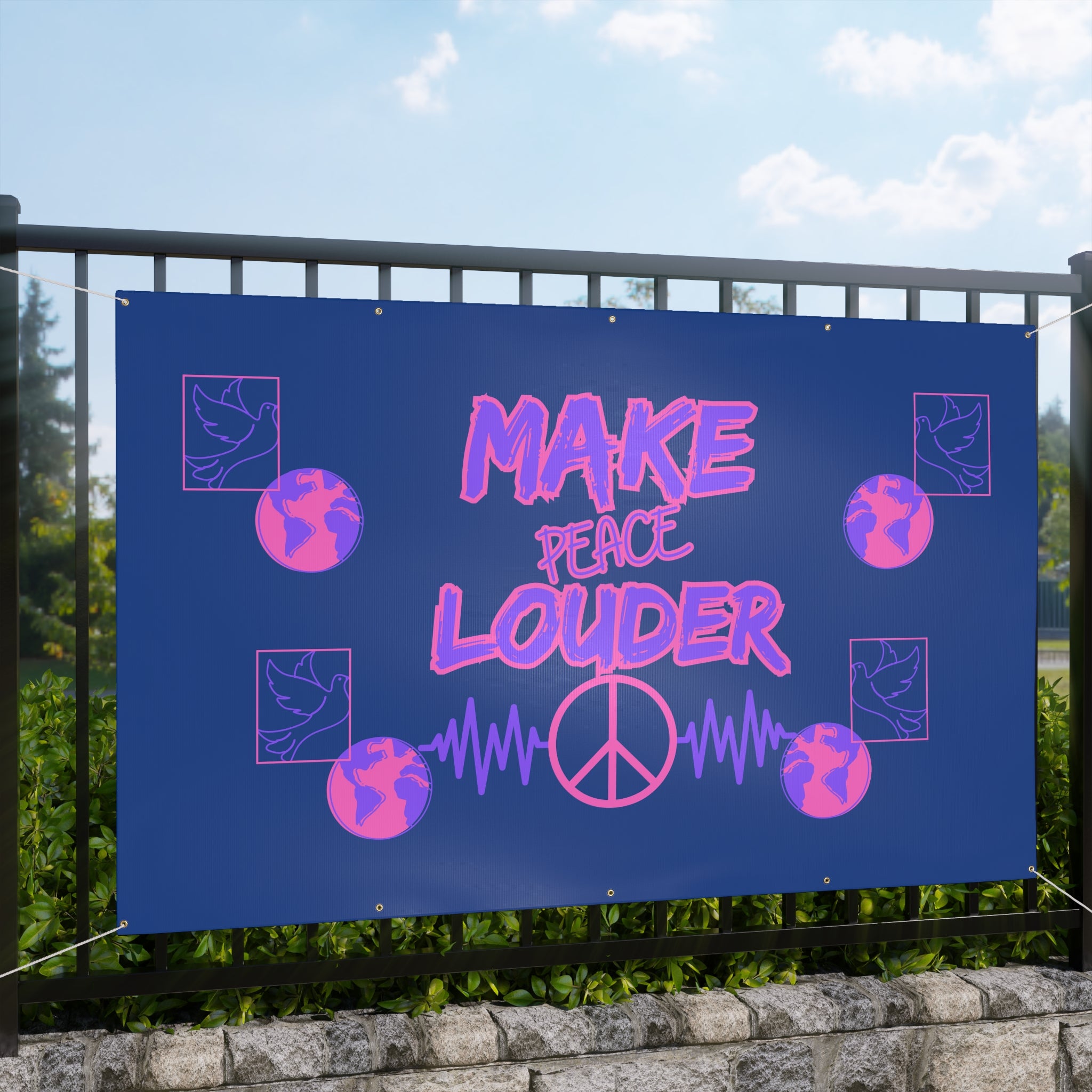 Make Peace Louder Banner(Purple|Pink) | Neon Peace Sign Protest Yard Flag | Social Justice Banner | Peaceful Activist Banner |