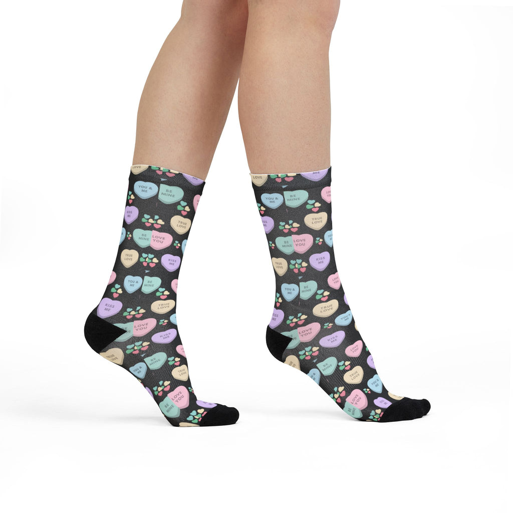 Candy Kisses Valentines Day Crew Socks (black)| Heart Socks | Candy Socks |