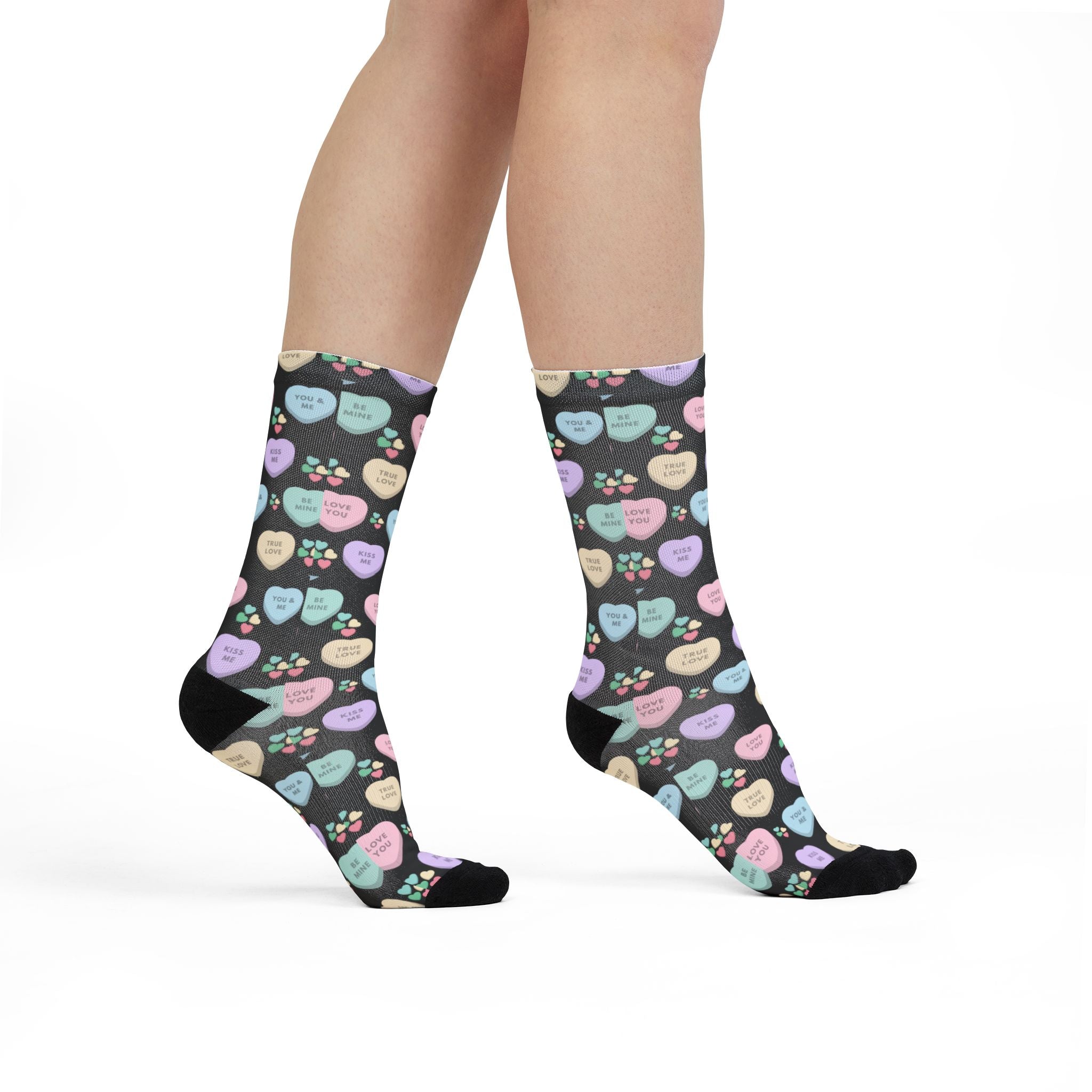 Candy Kisses Valentines Day Crew Socks (black)| Heart Socks | Candy Socks |