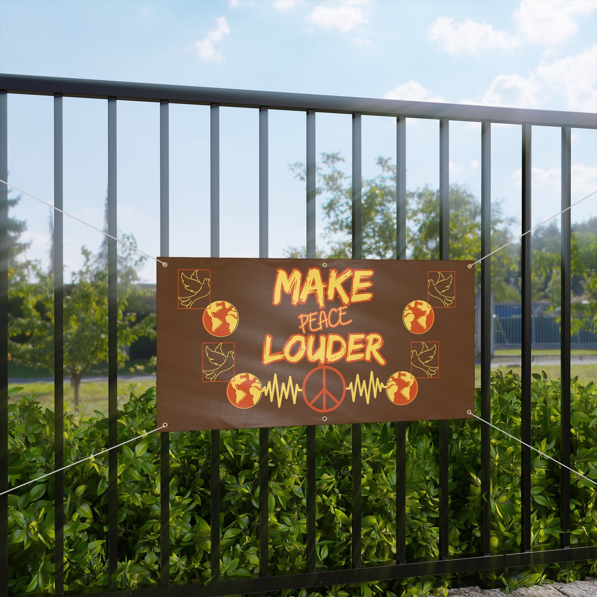 Make Peace Louder Banner (Brown|Yellow)| Outdoor Peace & Unity Matte Banner | Peaceful Activism Banner | Social Justice Banner |