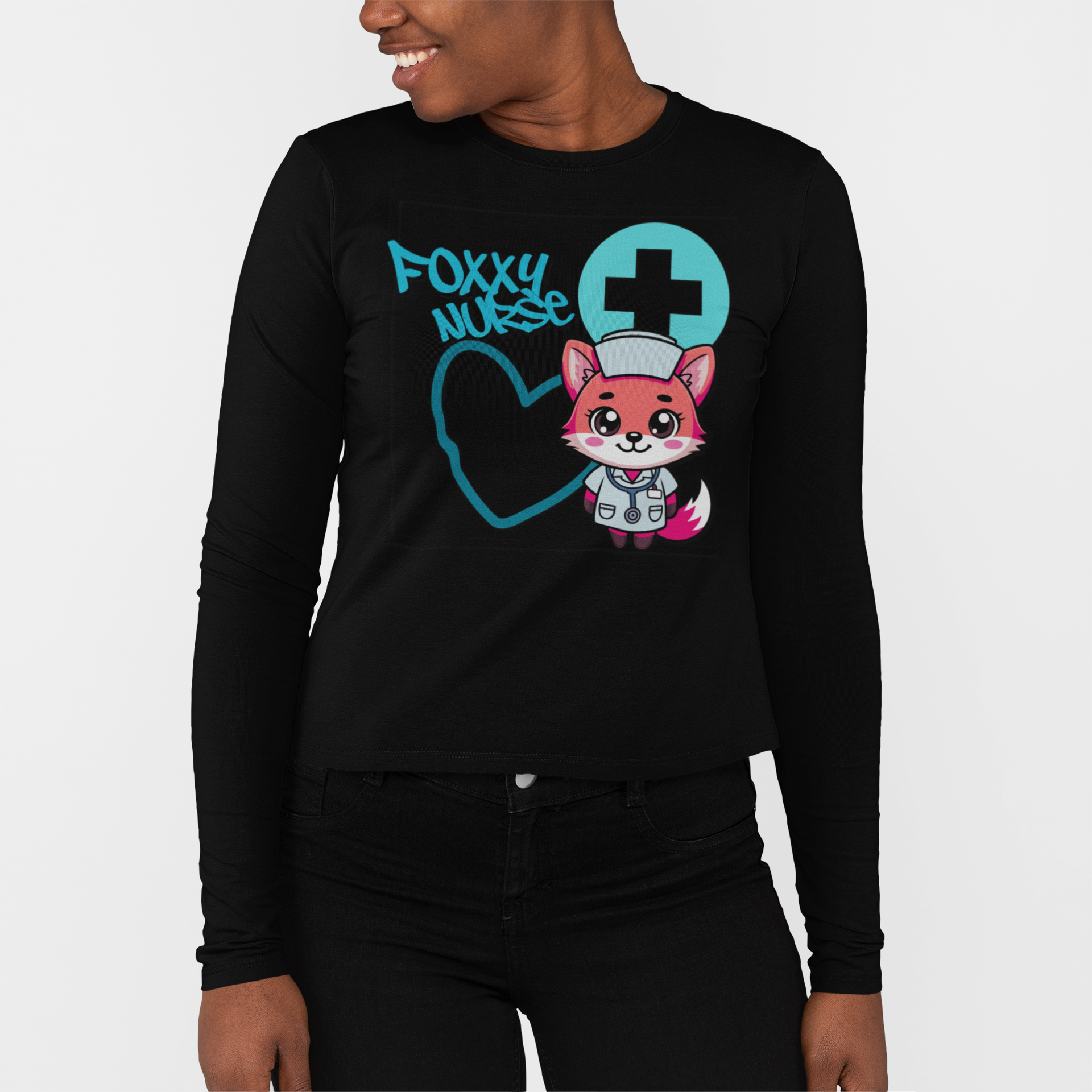 Foxy Nurse Long Sleeve Tee(Light Blue) | Cute Medical Nurse Shirt | Funny Nurse Shirt | Animal Lovers Medical Shirt |