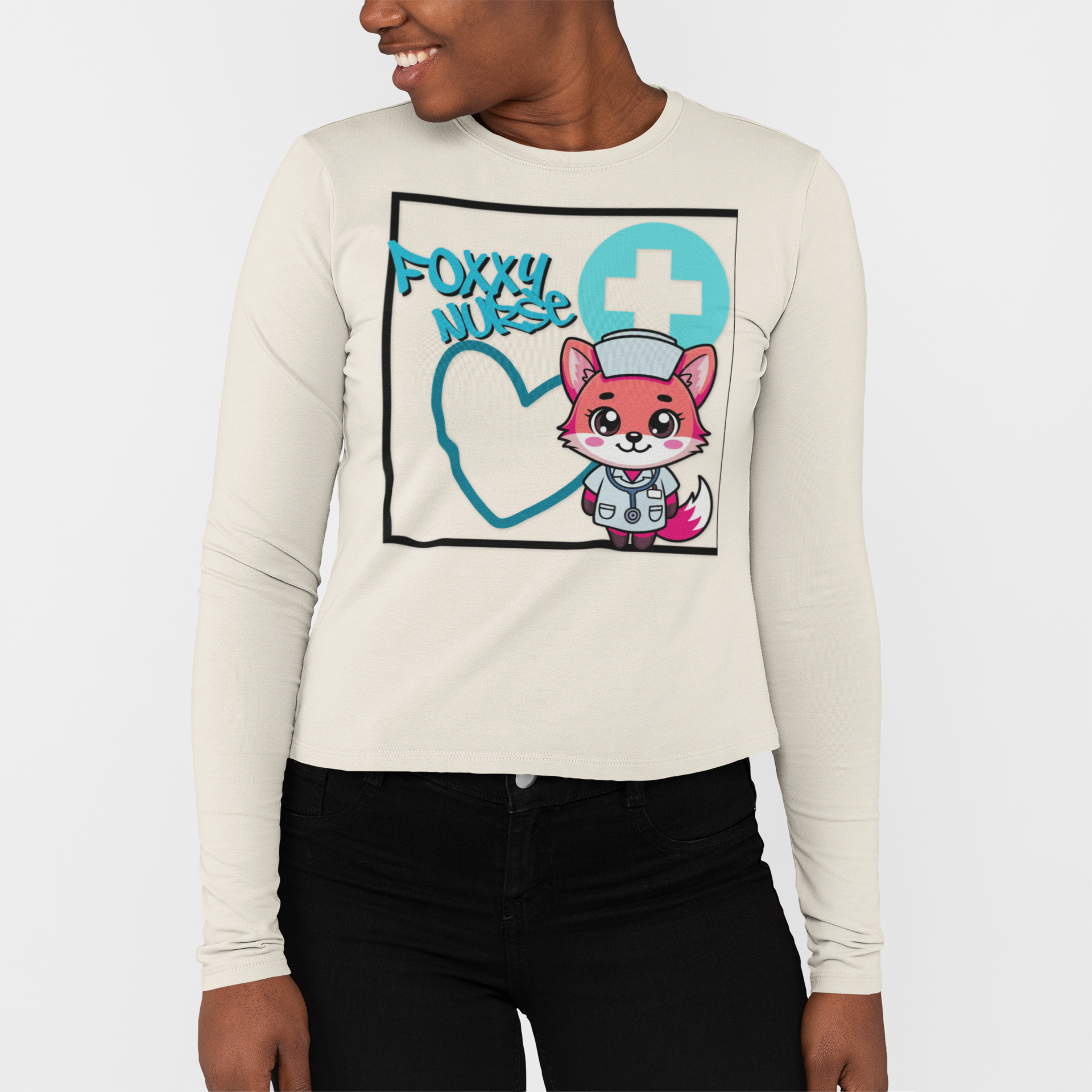 Foxy Nurse Long Sleeve Tee(Light Blue) | Cute Medical Nurse Shirt | Funny Nurse Shirt | Animal Lovers Medical Shirt |