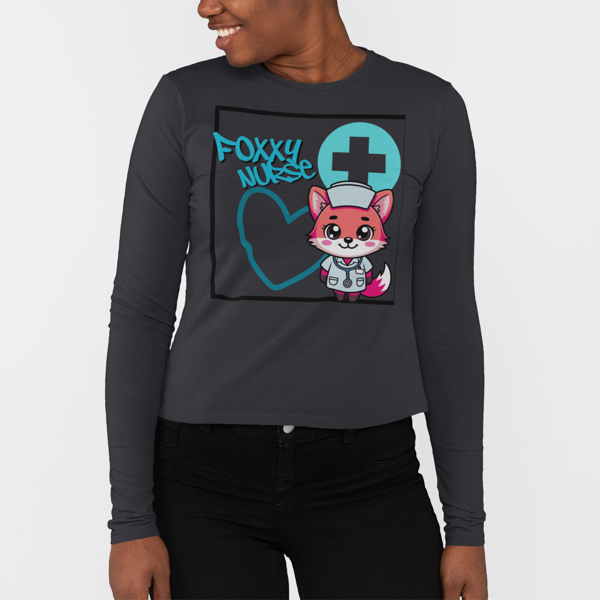 Foxy Nurse Long Sleeve Tee(Light Blue) | Cute Medical Nurse Shirt | Funny Nurse Shirt | Animal Lovers Medical Shirt |