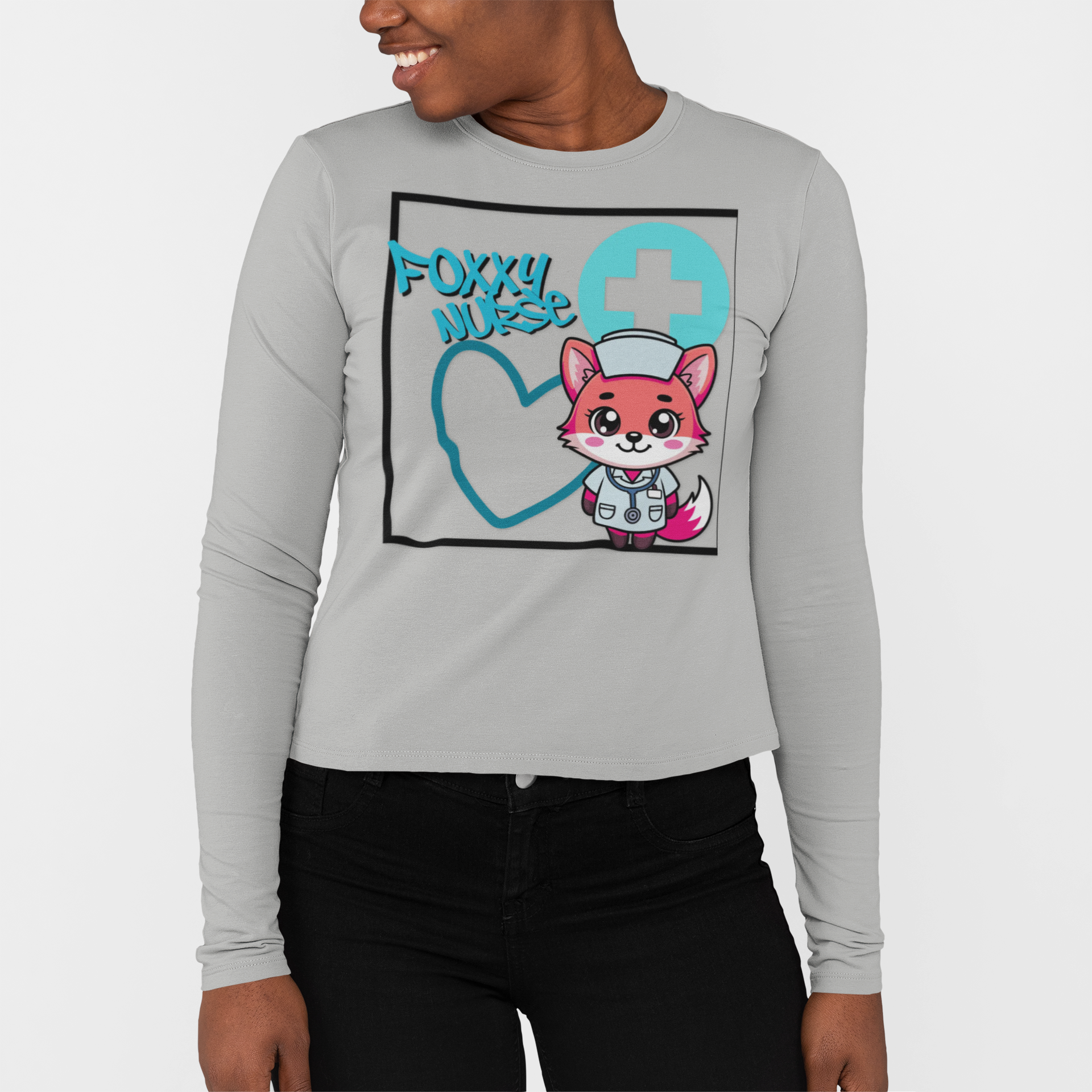 Foxy Nurse Long Sleeve Tee(Light Blue) | Cute Medical Nurse Shirt | Funny Nurse Shirt | Animal Lovers Medical Shirt |