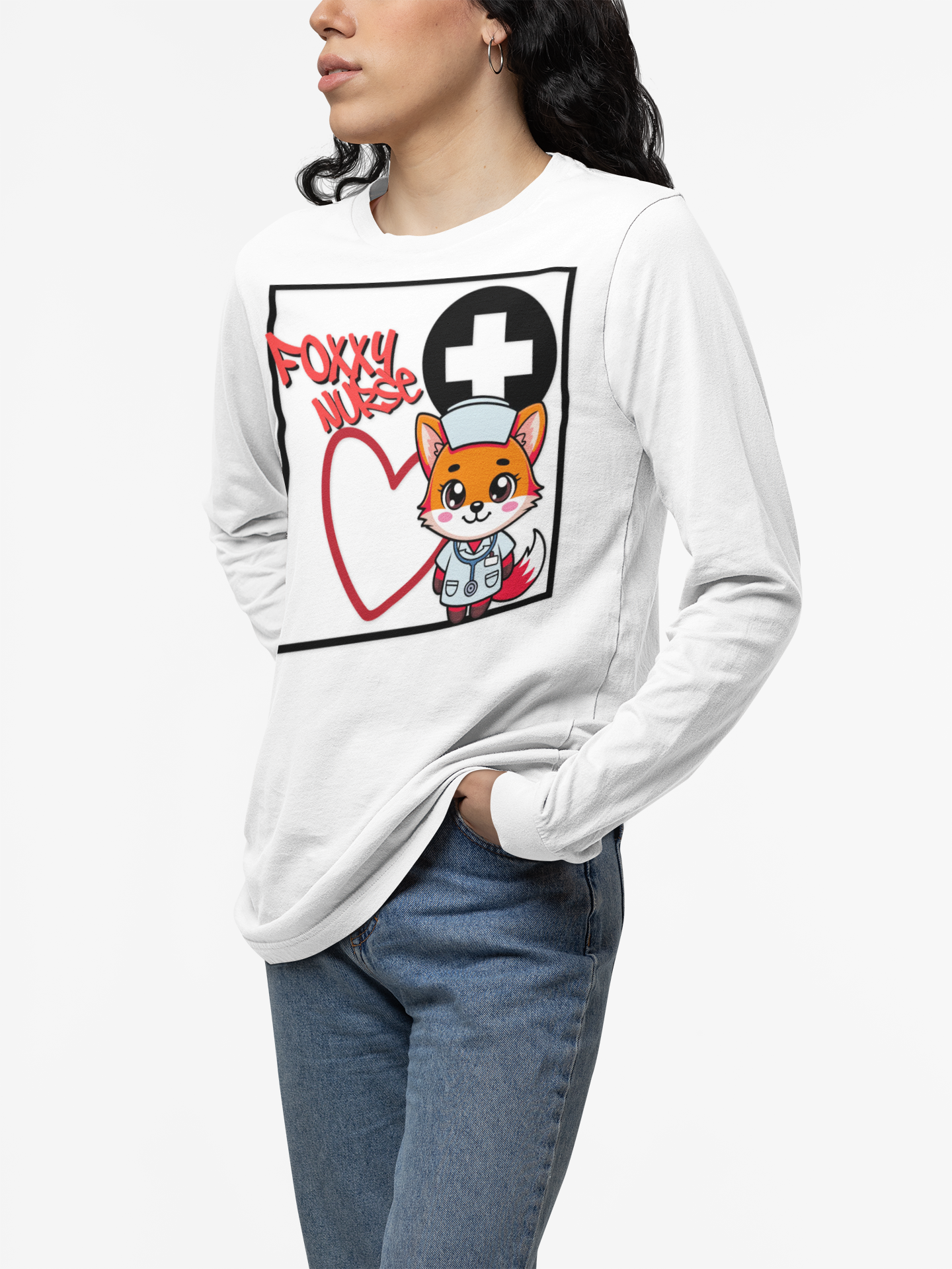 Foxy Nurse Long Sleeve Tee(Red|Black) | Cute Medical Nurse Shirt | Funny Nurse Shirt | Animal Lovers Medical Shirt |