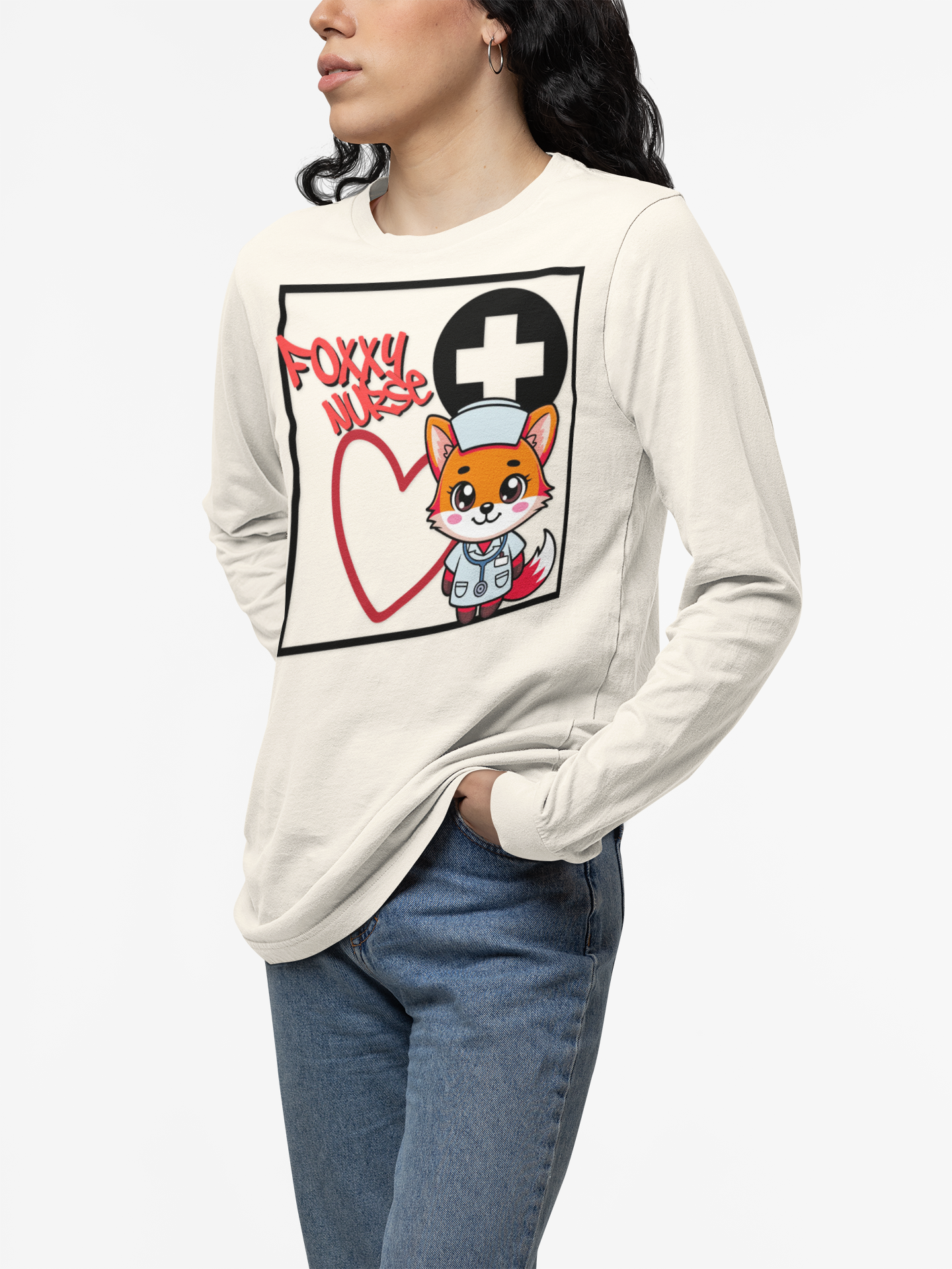 Foxy Nurse Long Sleeve Tee(Red|Black) | Cute Medical Nurse Shirt | Funny Nurse Shirt | Animal Lovers Medical Shirt |