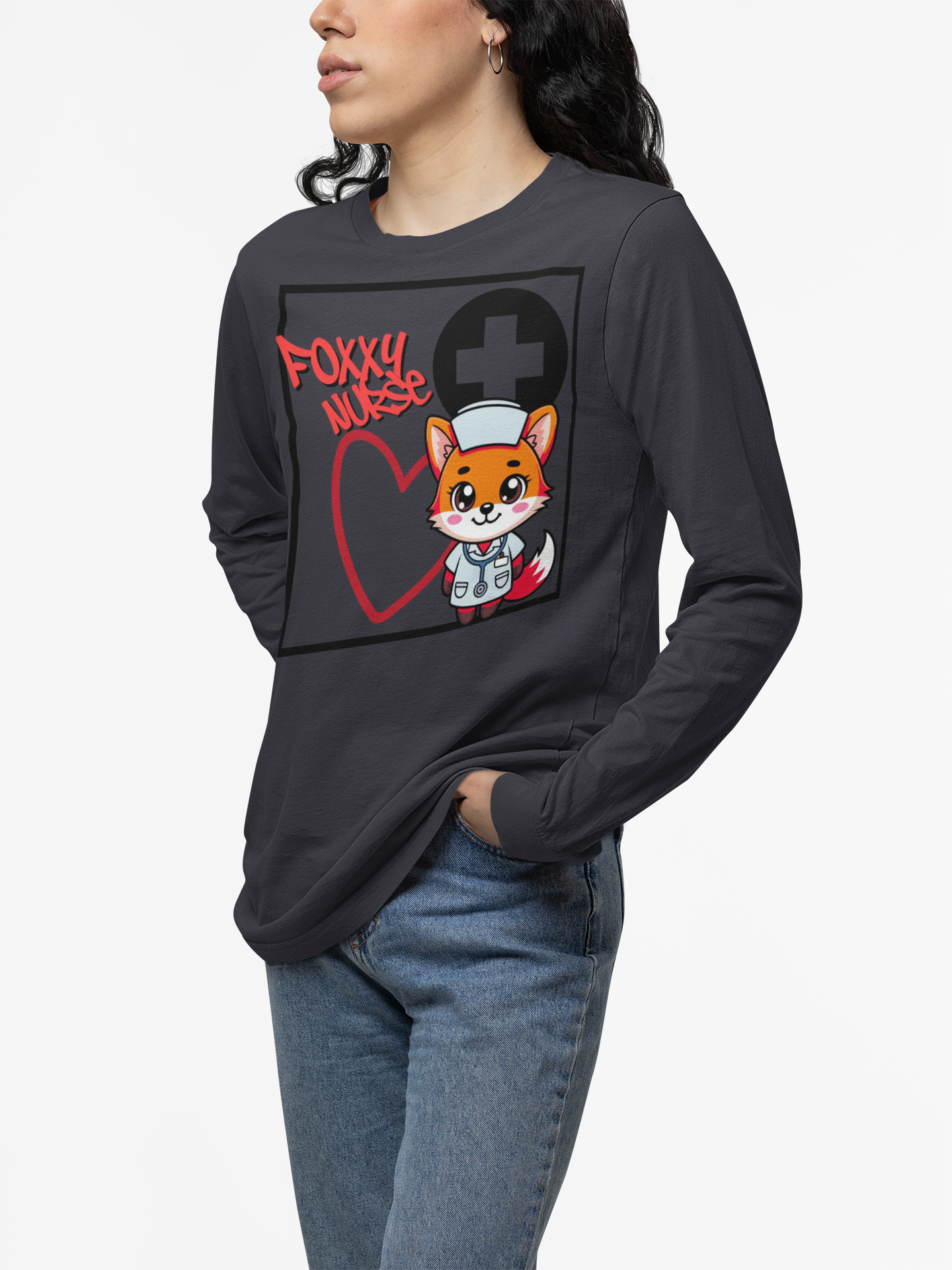 Foxy Nurse Long Sleeve Tee(Red|Black) | Cute Medical Nurse Shirt | Funny Nurse Shirt | Animal Lovers Medical Shirt |