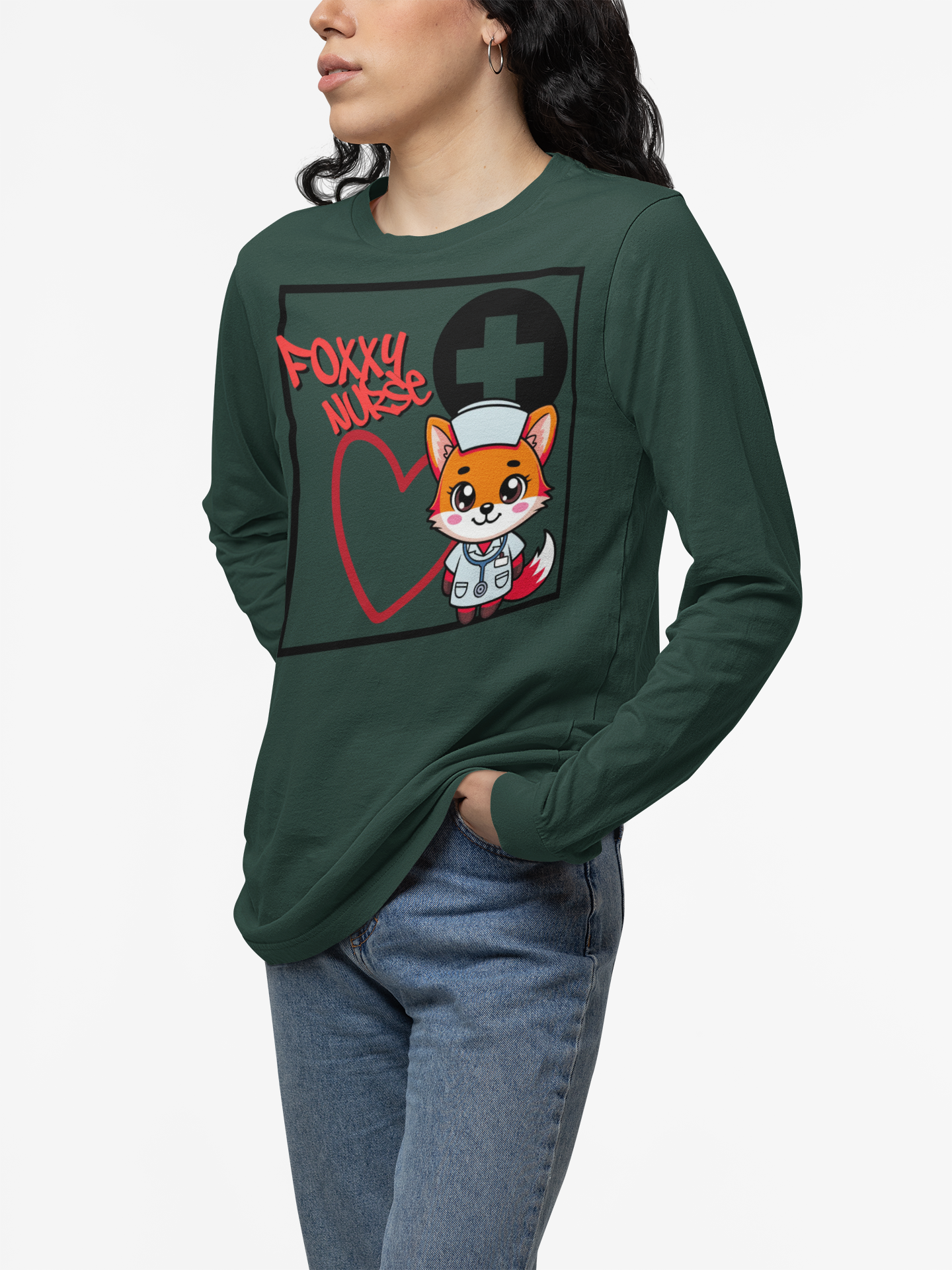 Foxy Nurse Long Sleeve Tee(Red|Black) | Cute Medical Nurse Shirt | Funny Nurse Shirt | Animal Lovers Medical Shirt |