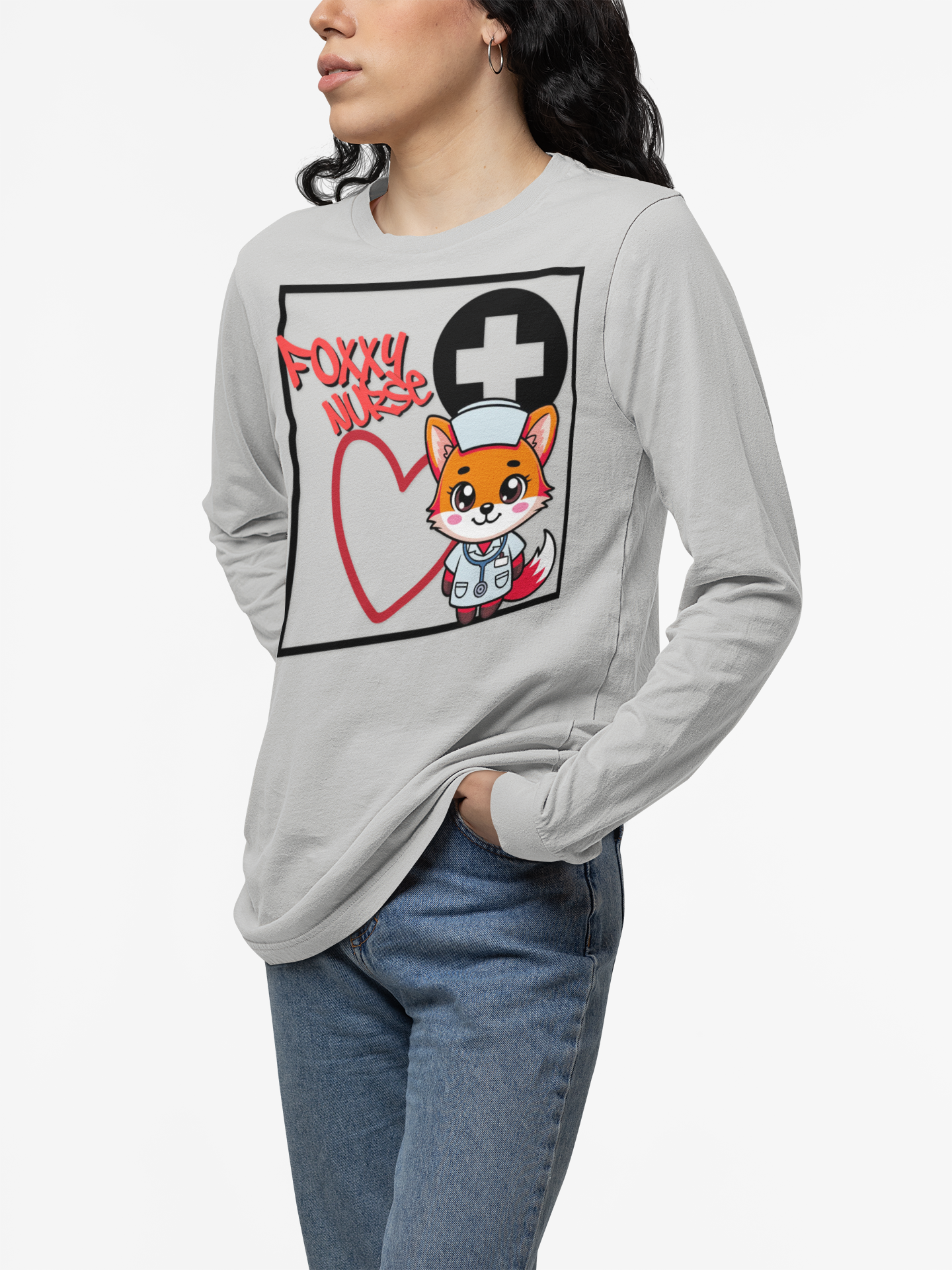 Foxy Nurse Long Sleeve Tee(Red|Black) | Cute Medical Nurse Shirt | Funny Nurse Shirt | Animal Lovers Medical Shirt |