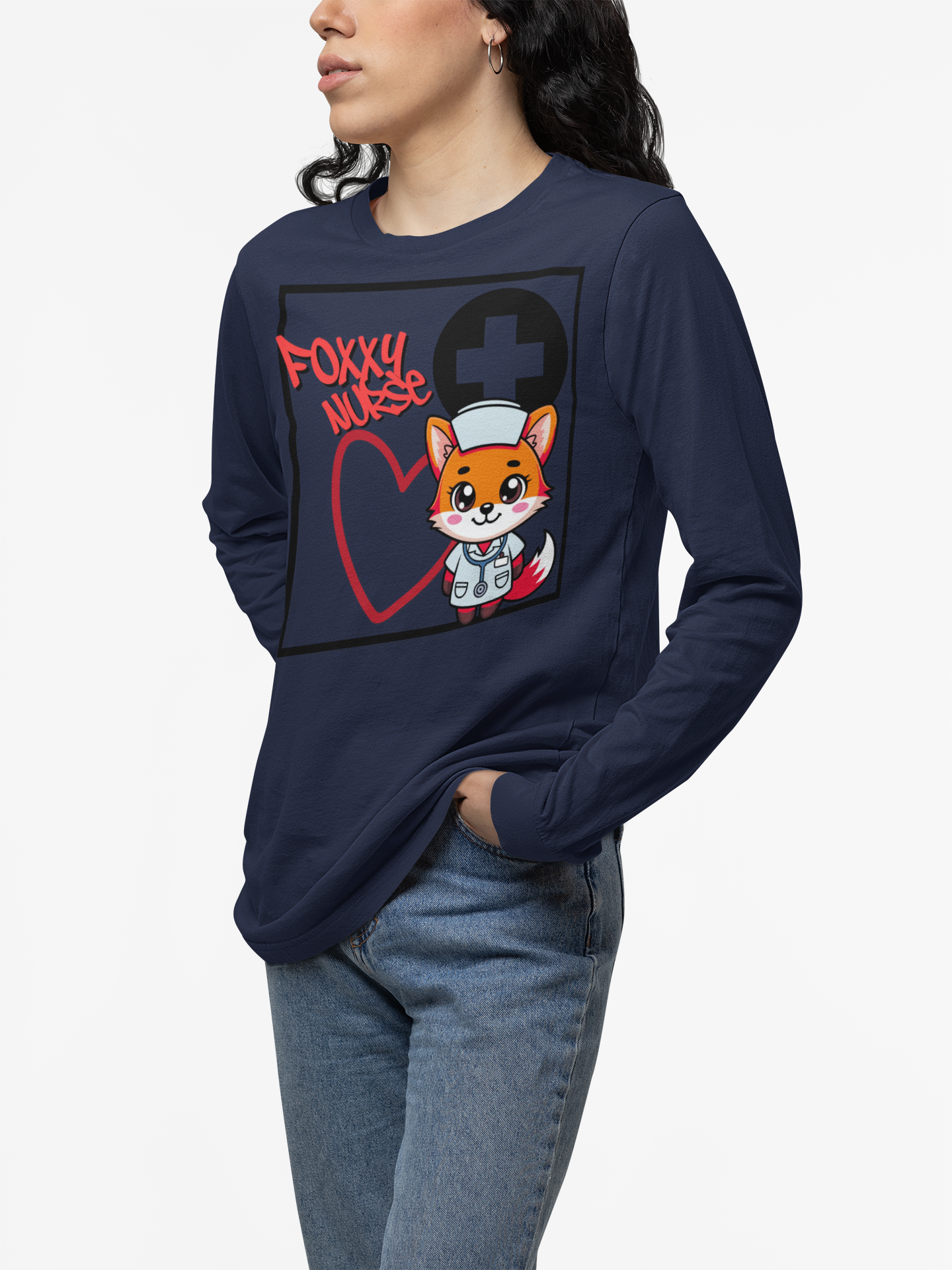 Foxy Nurse Long Sleeve Tee(Red|Black) | Cute Medical Nurse Shirt | Funny Nurse Shirt | Animal Lovers Medical Shirt |