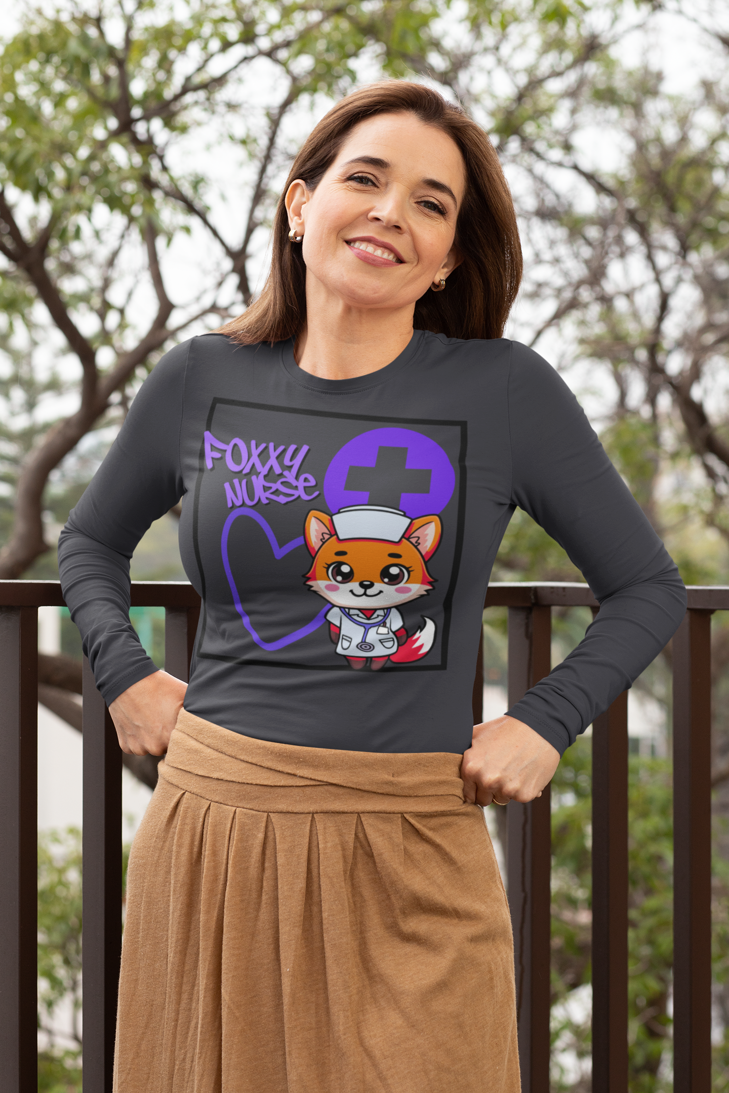 Foxy Nurse Long Sleeve Tee( Purple) | Cute Medical Nurse Shirt | Funny Nurse Shirt | Animal Lovers Medical Shirt |