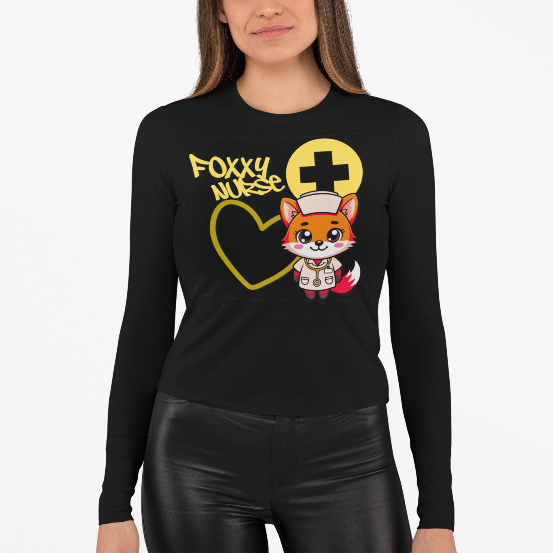 Foxy Nurse Long Sleeve Tee(Yellow) | Cute Medical Nurse Shirt | Funny Nurse Shirt | Animal Lovers Medical Shirt |