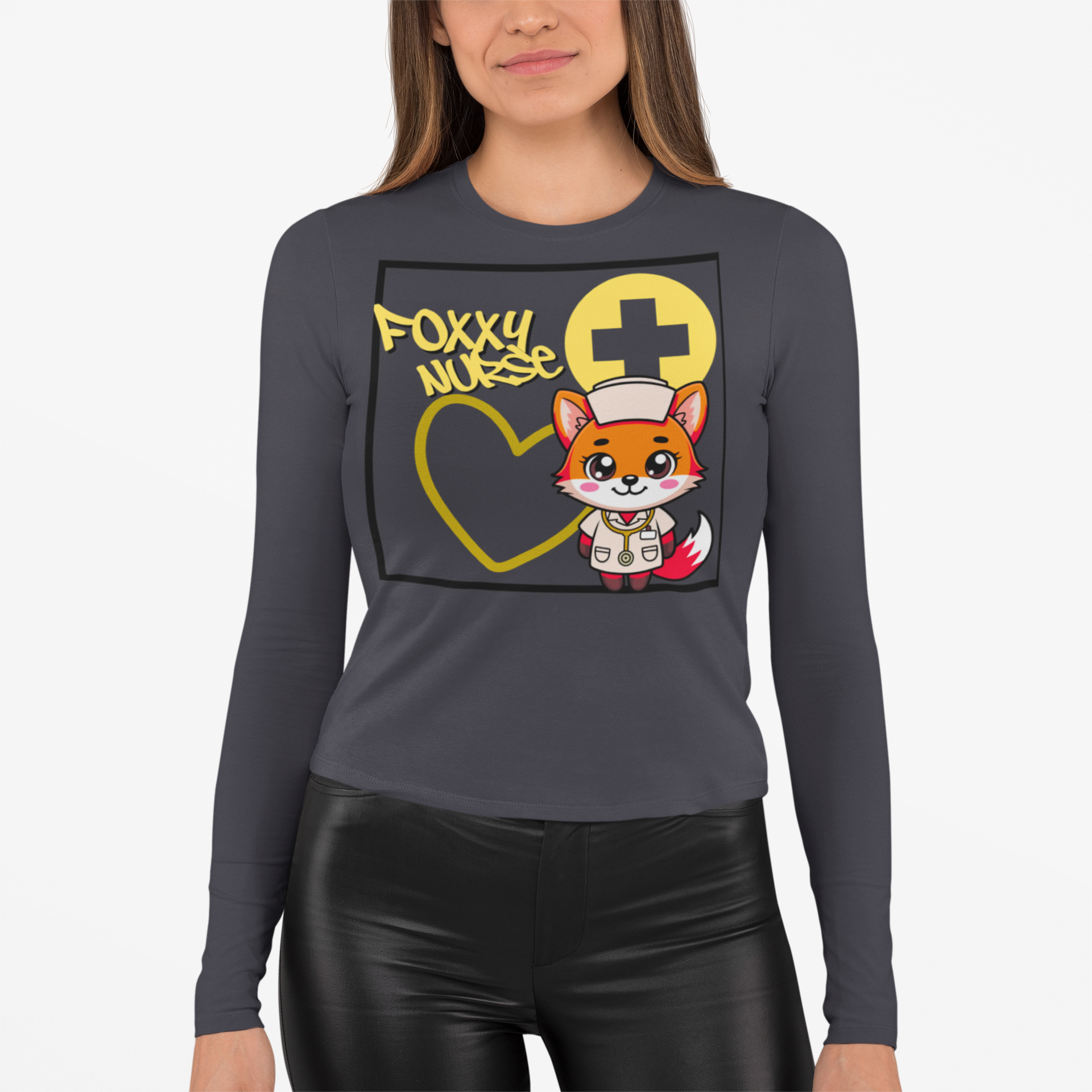 Foxy Nurse Long Sleeve Tee(Yellow) | Cute Medical Nurse Shirt | Funny Nurse Shirt | Animal Lovers Medical Shirt |