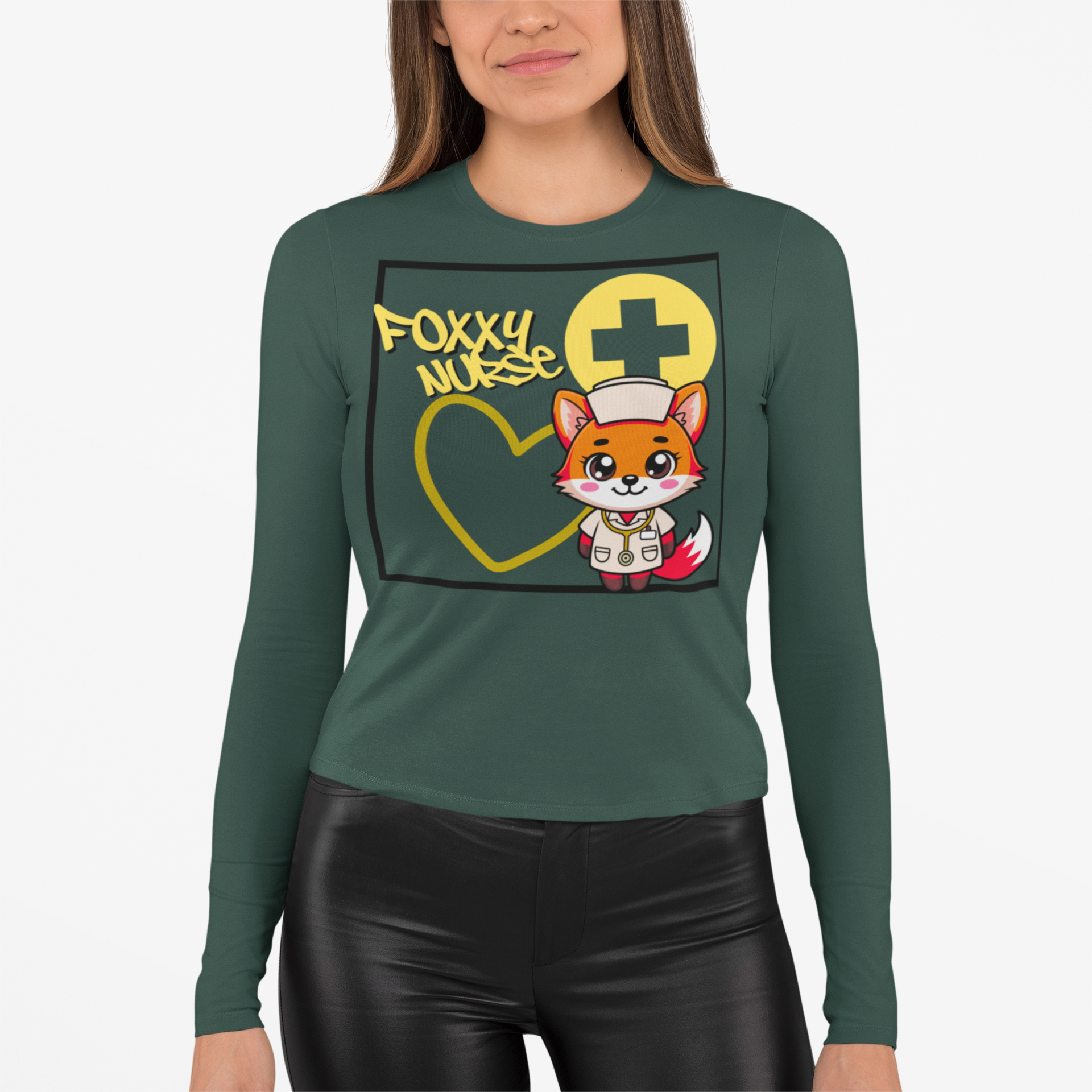 Foxy Nurse Long Sleeve Tee(Yellow) | Cute Medical Nurse Shirt | Funny Nurse Shirt | Animal Lovers Medical Shirt |