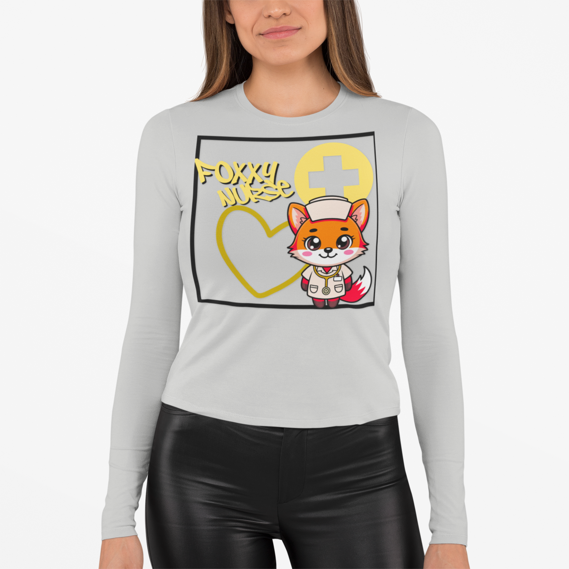 Foxy Nurse Long Sleeve Tee(Yellow) | Cute Medical Nurse Shirt | Funny Nurse Shirt | Animal Lovers Medical Shirt |
