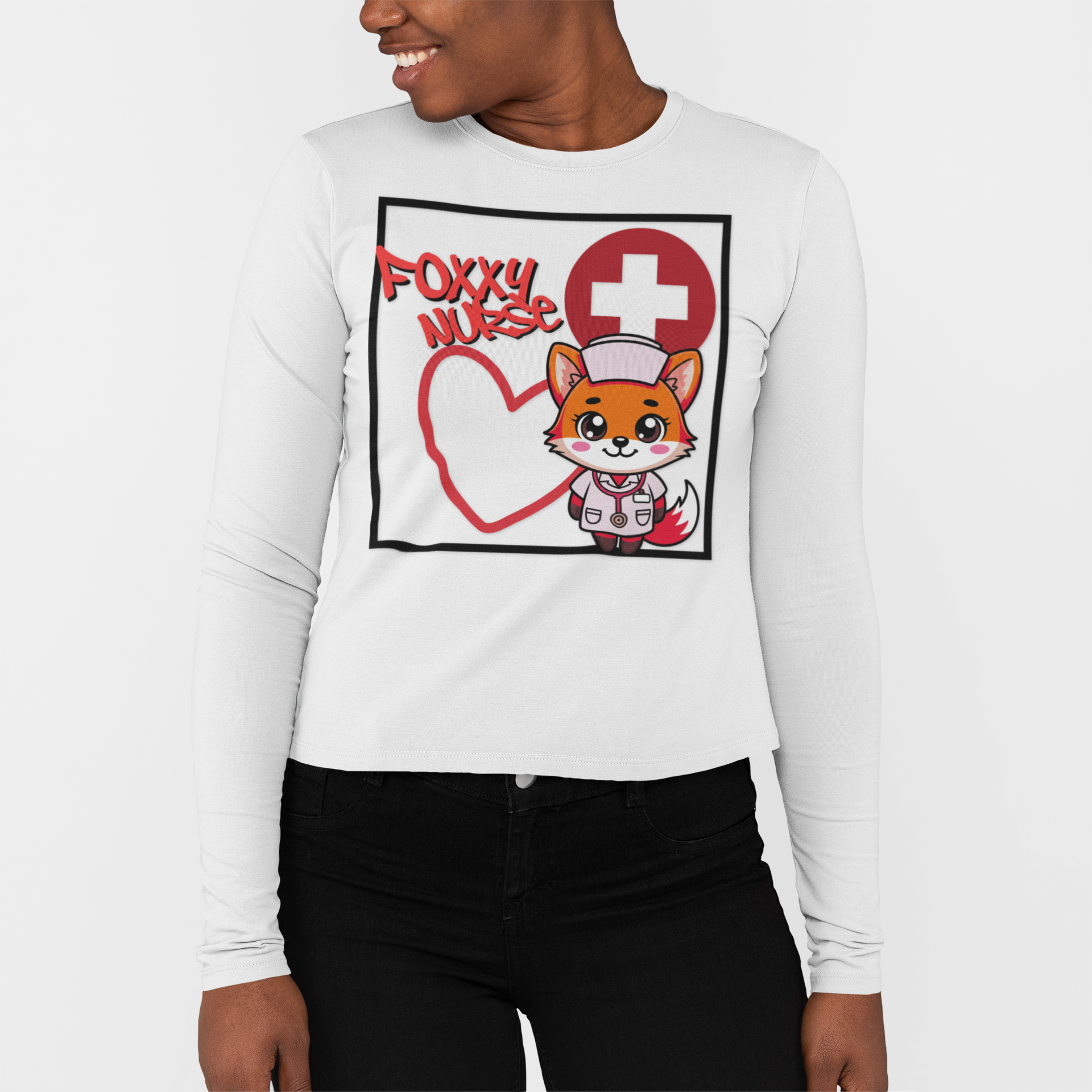 Foxy Nurse Long Sleeve Tee(Red) | Cute Medical Nurse Shirt | Funny Nurse Shirt | Animal Lovers Medical Shirt |