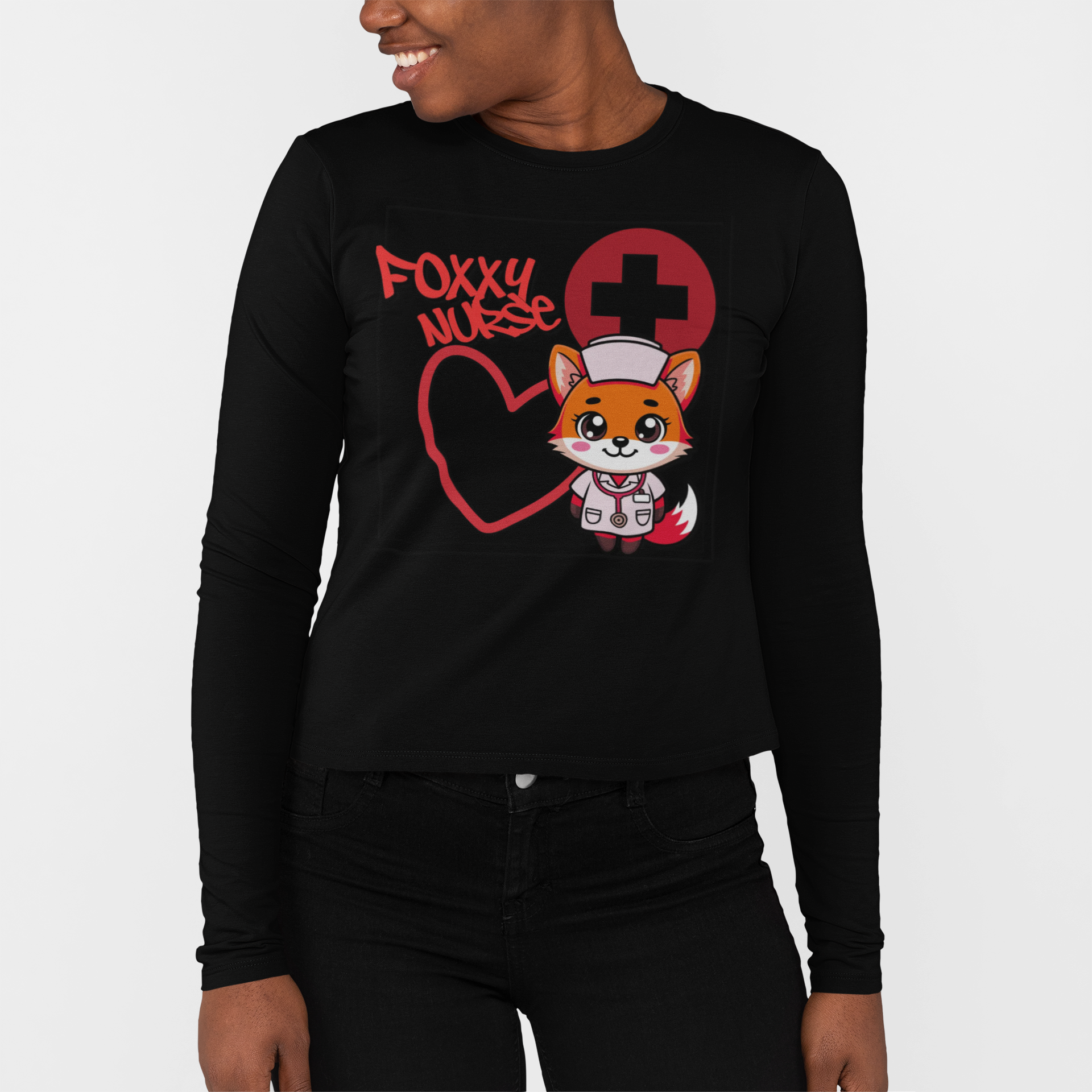 Foxy Nurse Long Sleeve Tee(Red) | Cute Medical Nurse Shirt | Funny Nurse Shirt | Animal Lovers Medical Shirt |