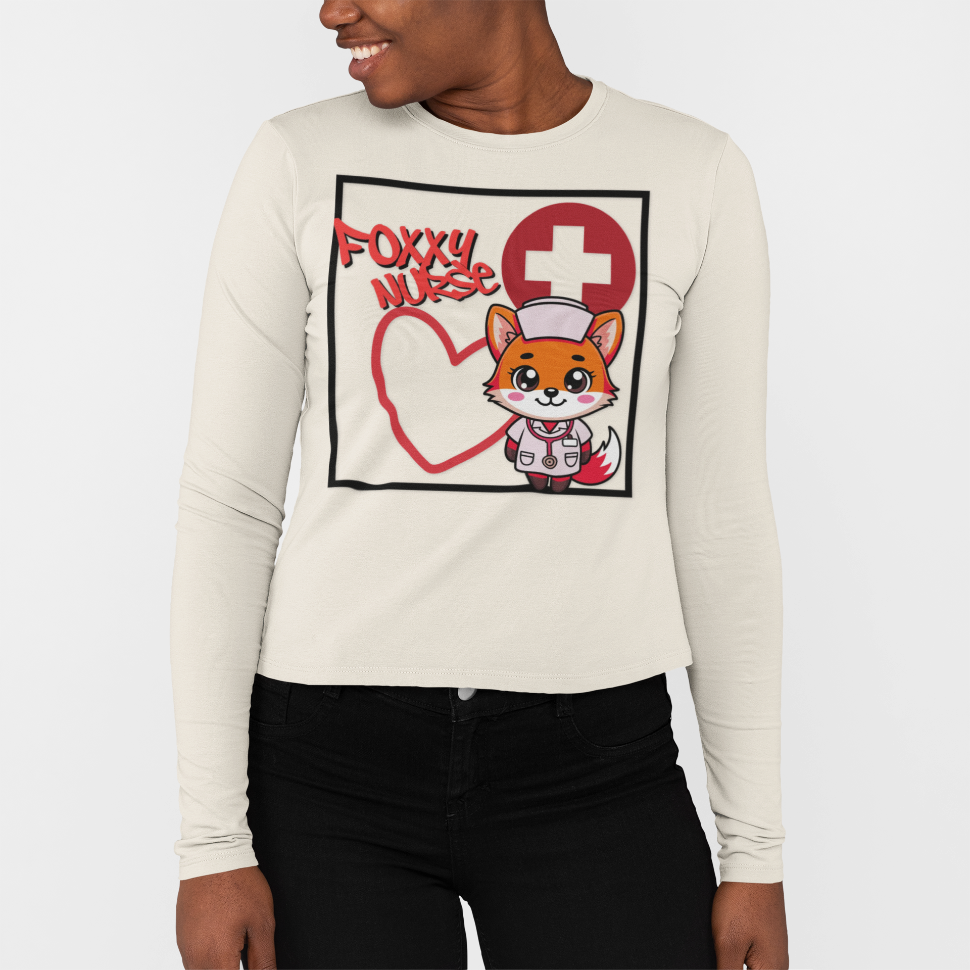 Foxy Nurse Long Sleeve Tee(Red) | Cute Medical Nurse Shirt | Funny Nurse Shirt | Animal Lovers Medical Shirt |
