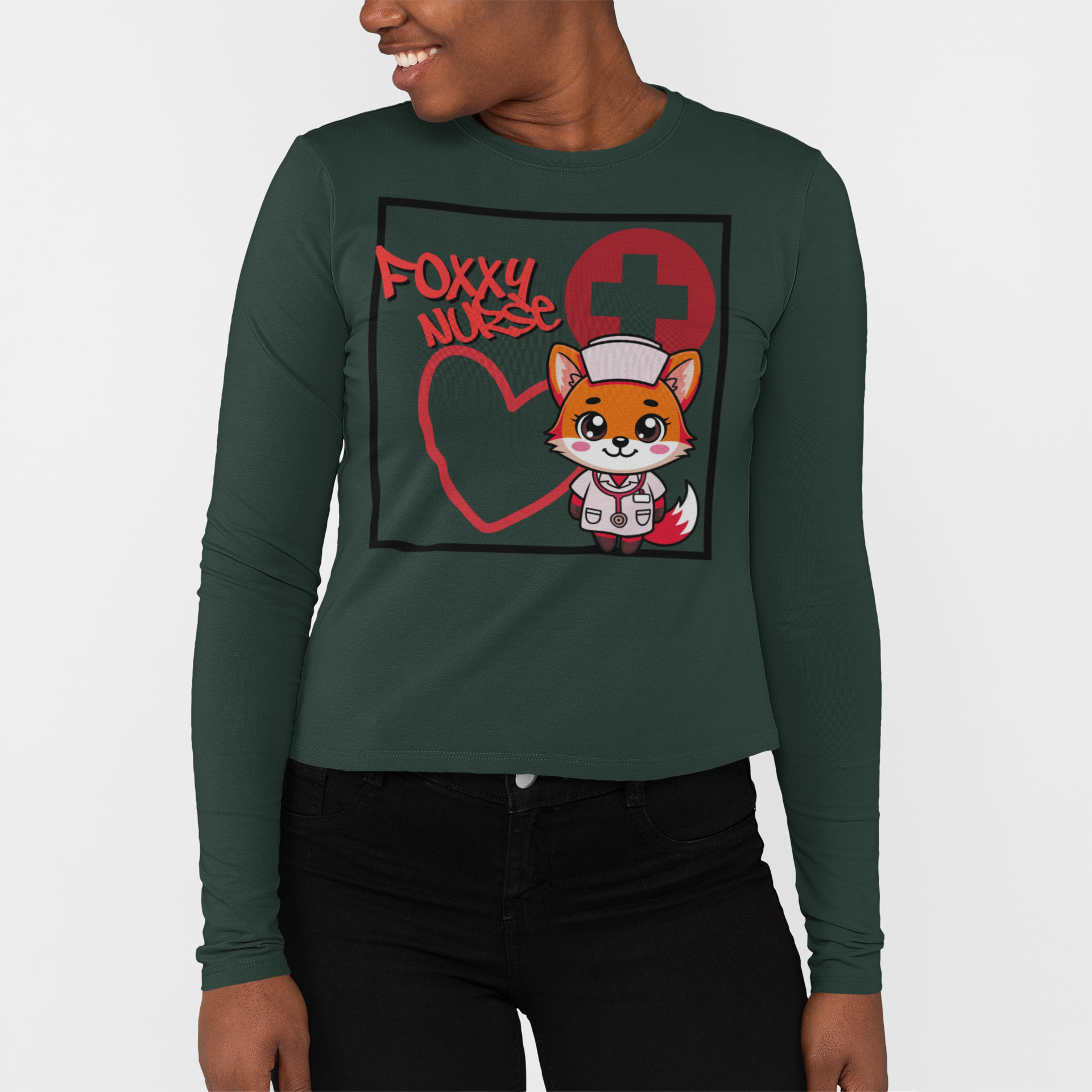 Foxy Nurse Long Sleeve Tee(Red) | Cute Medical Nurse Shirt | Funny Nurse Shirt | Animal Lovers Medical Shirt |