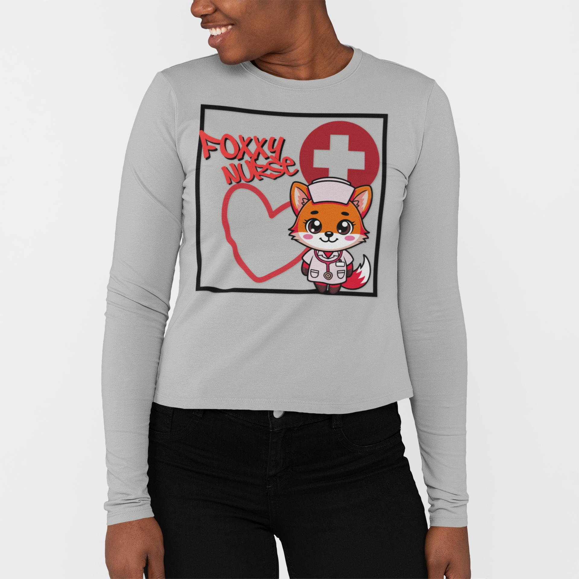 Foxy Nurse Long Sleeve Tee(Red) | Cute Medical Nurse Shirt | Funny Nurse Shirt | Animal Lovers Medical Shirt |