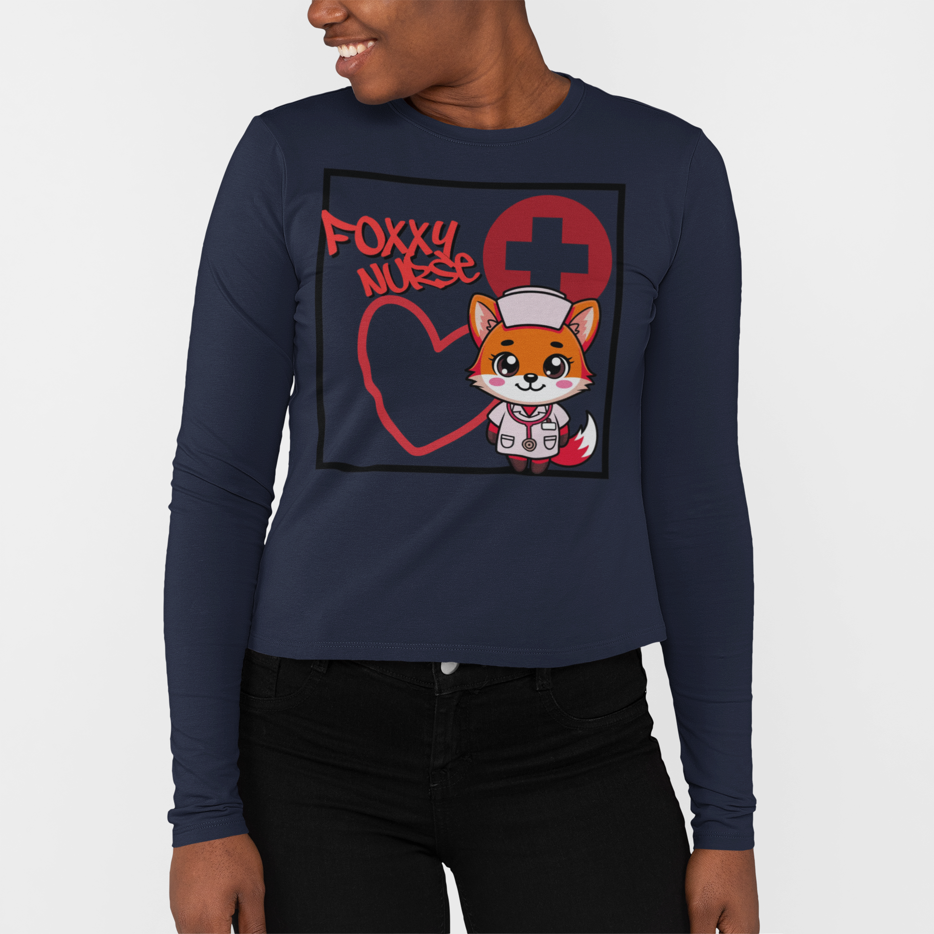 Foxy Nurse Long Sleeve Tee(Red) | Cute Medical Nurse Shirt | Funny Nurse Shirt | Animal Lovers Medical Shirt |