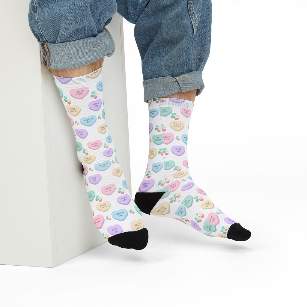 Conversation Heart Pattern Socks | Valentine's Candy Hearts Crew Socks