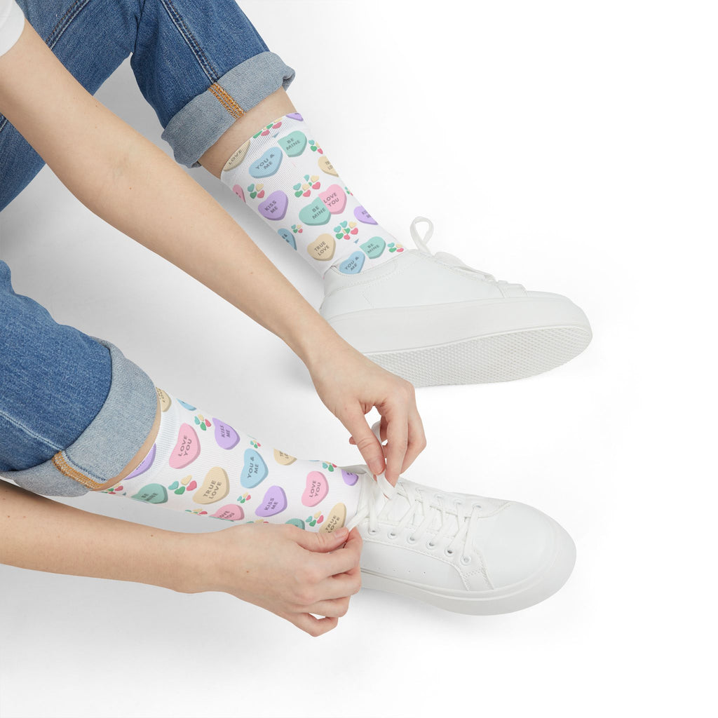Conversation Heart Pattern Socks | Valentine's Candy Hearts Crew Socks