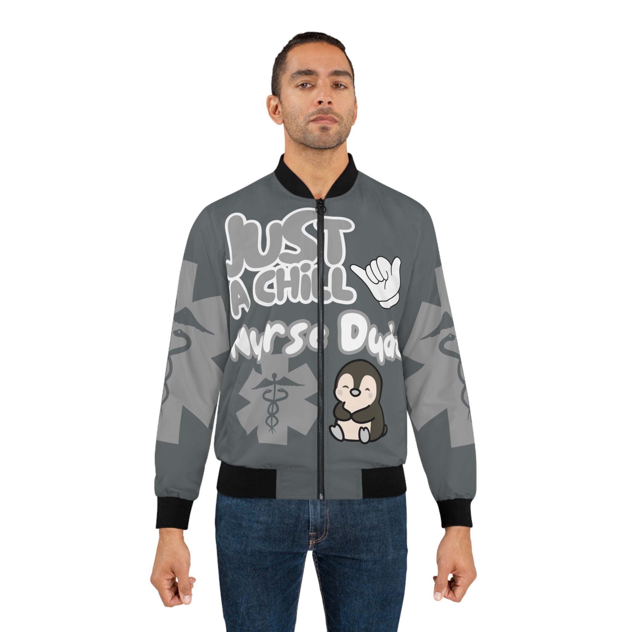 Chill Nurse Dude Medical Bomber Jacket(Grey|White|Grey) | Cool EMT Jacket|Healthcare Jacket for Men| Mens Nurse Jacket|Nurse For Him |