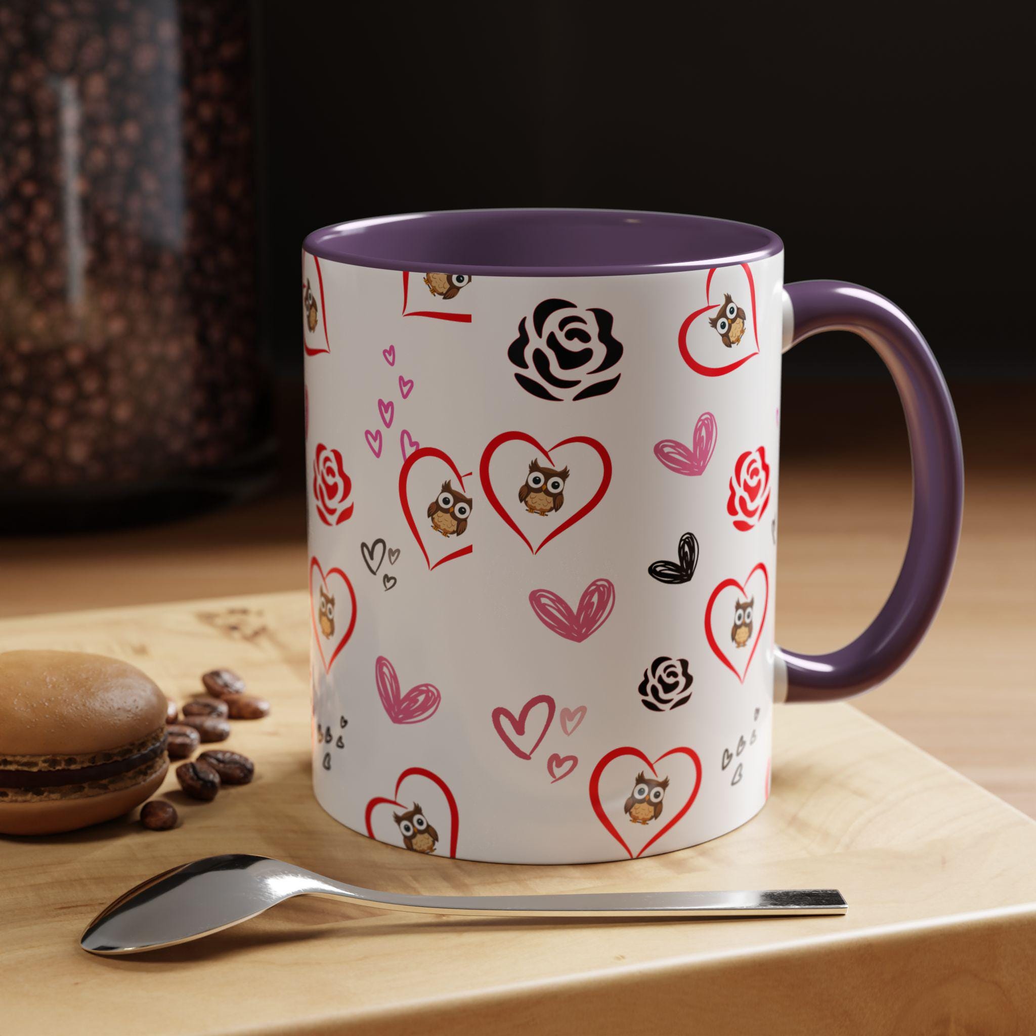 Valentine Owl Heart Pattern Accent Coffee Mug | 11oz 15oz | Valentines Mug | Heart Mug | Mug For Her |