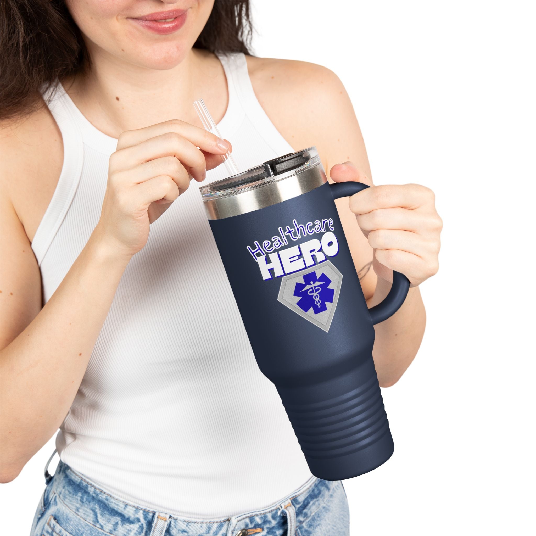 Healthcare Hero 40oz Insulated Travel Mug(Blue|White) |Travel Mug For Medical Workers | EMS Travel Mug | Healthcare Mug |