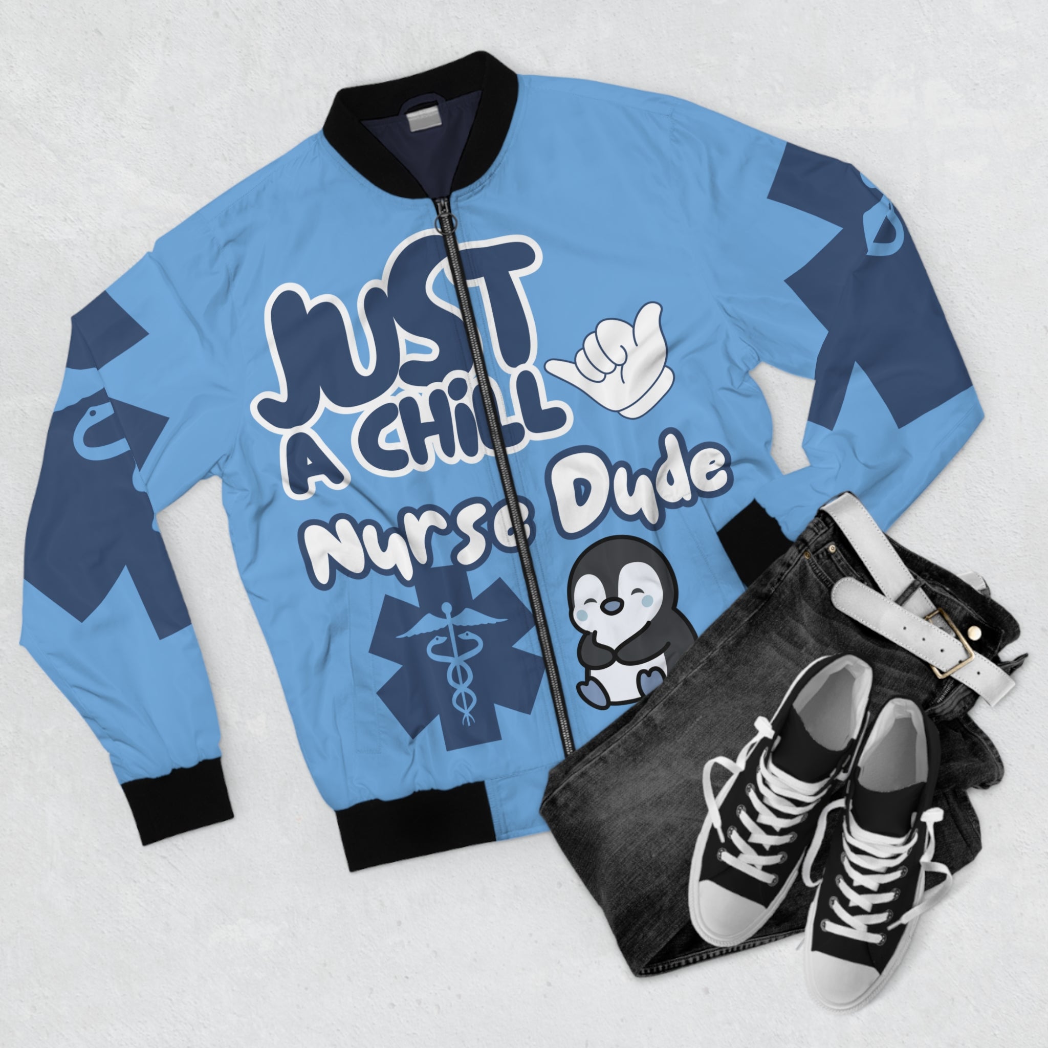 Chill Nurse Dude Medical Bomber Jacket(Blue|White|Light Blue) | Cool EMT Jacket|Healthcare Jacket for Men| Mens Nurse Jacket|Nurse For Him |