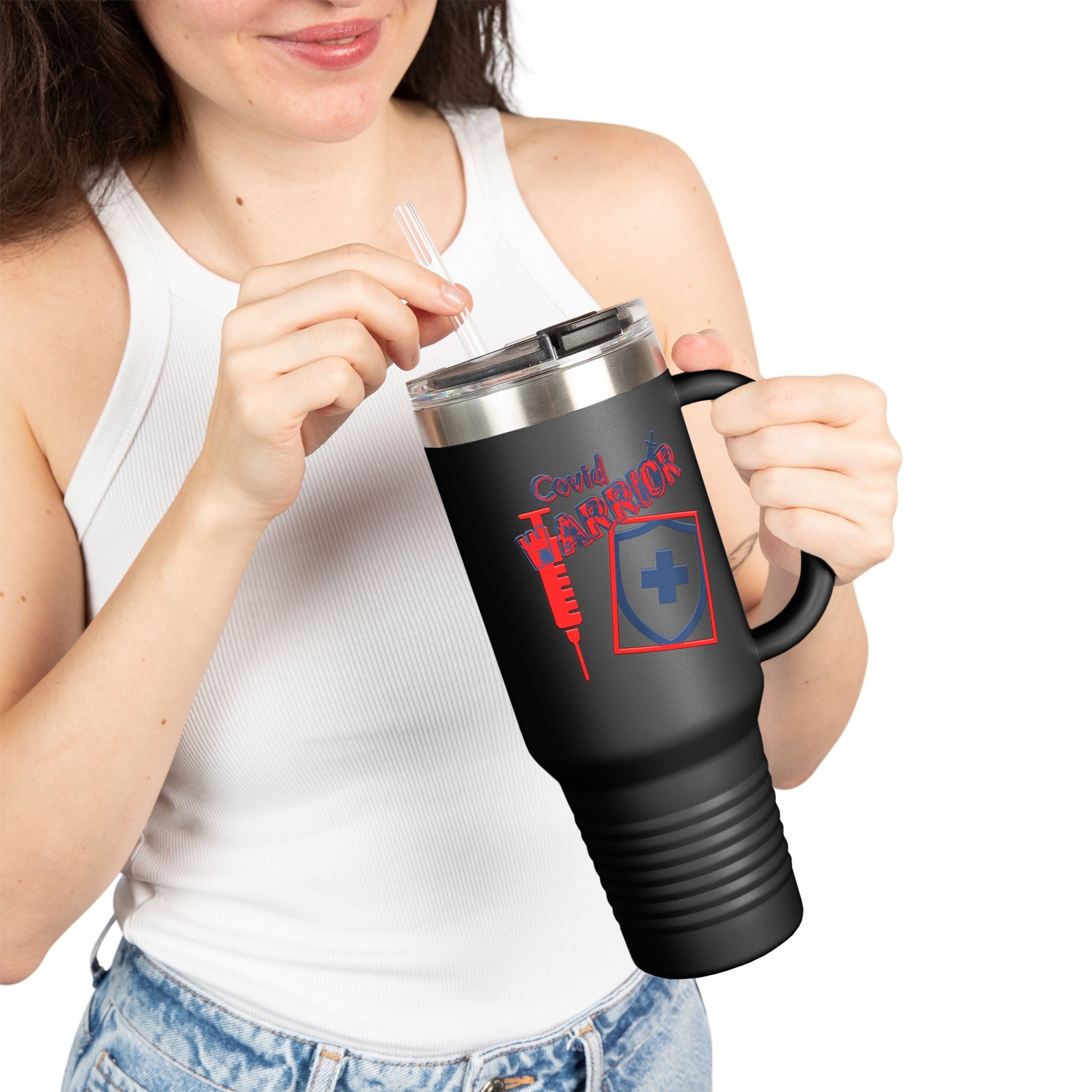 COVID Warrior 40oz Insulated Travel Mug(RedBlue)|Tumbler for Medical Professional| EMS Travel Mug |