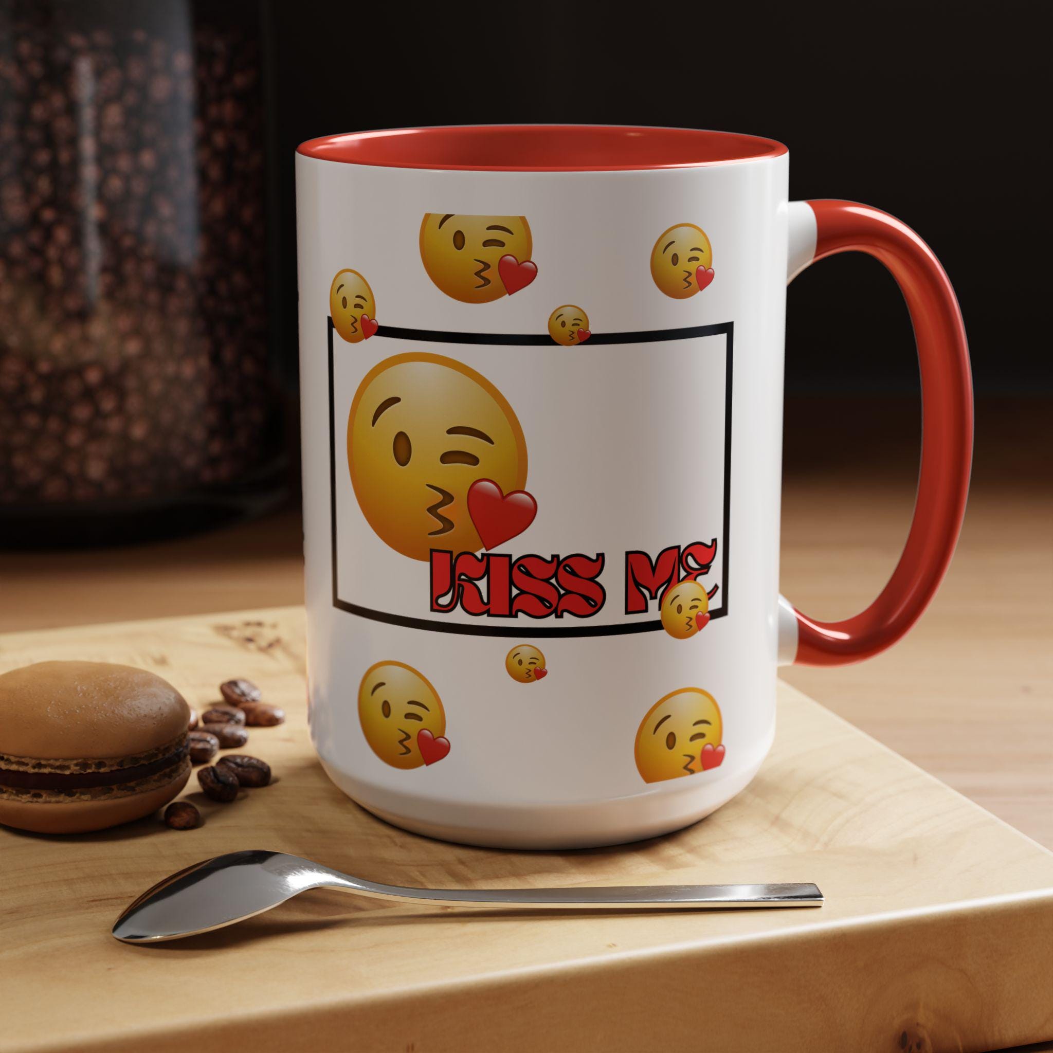 Kiss Me Valentines Day Accent Mug | Accent 11oz 15oz | Emoji Mug | Valentines Mug | Kiss Face Emoji Mug |