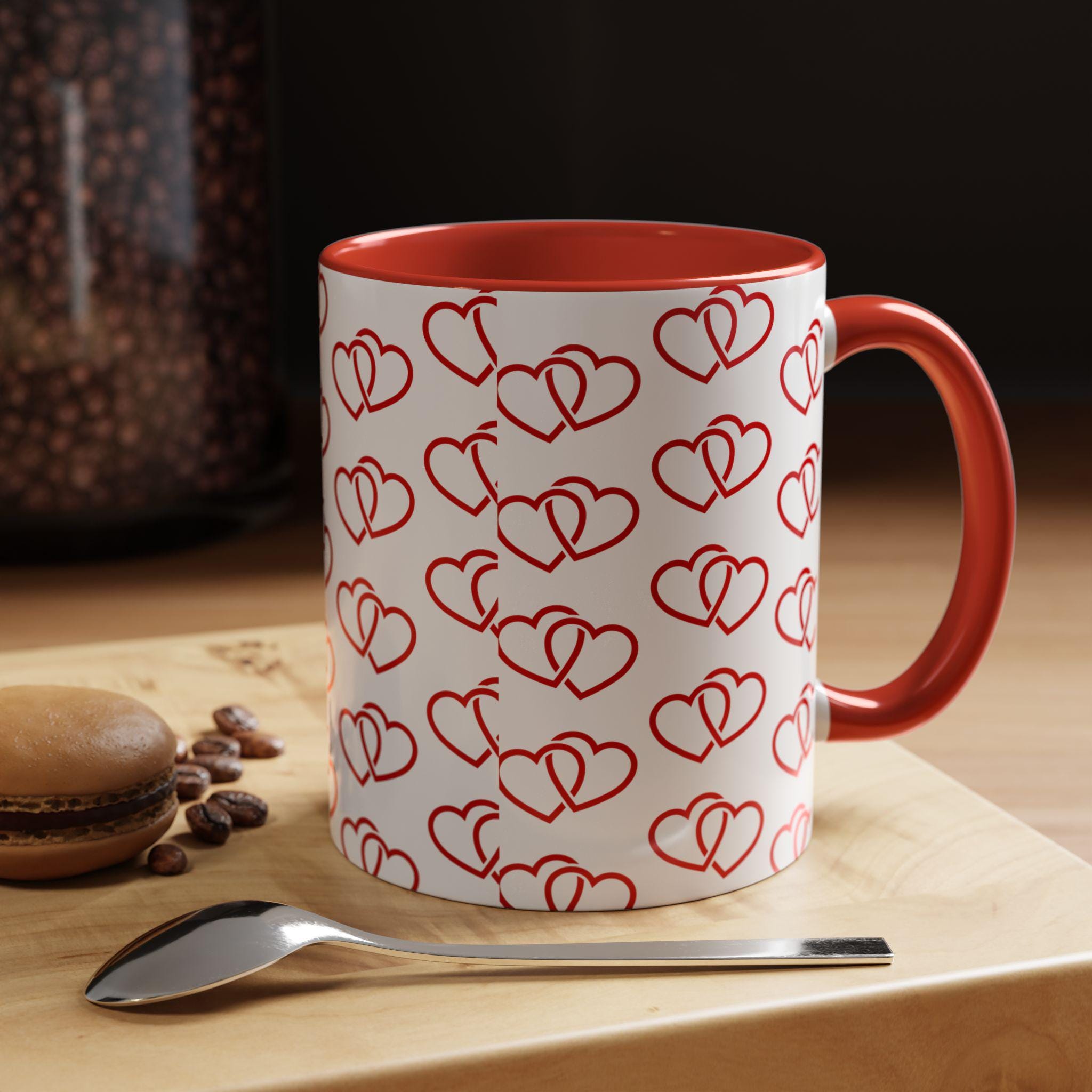Linked Heart Pattern Valentine Accent Coffee Mug | 11oz 15oz | Love Mug | Heart Mug | Valentines Day Gift
