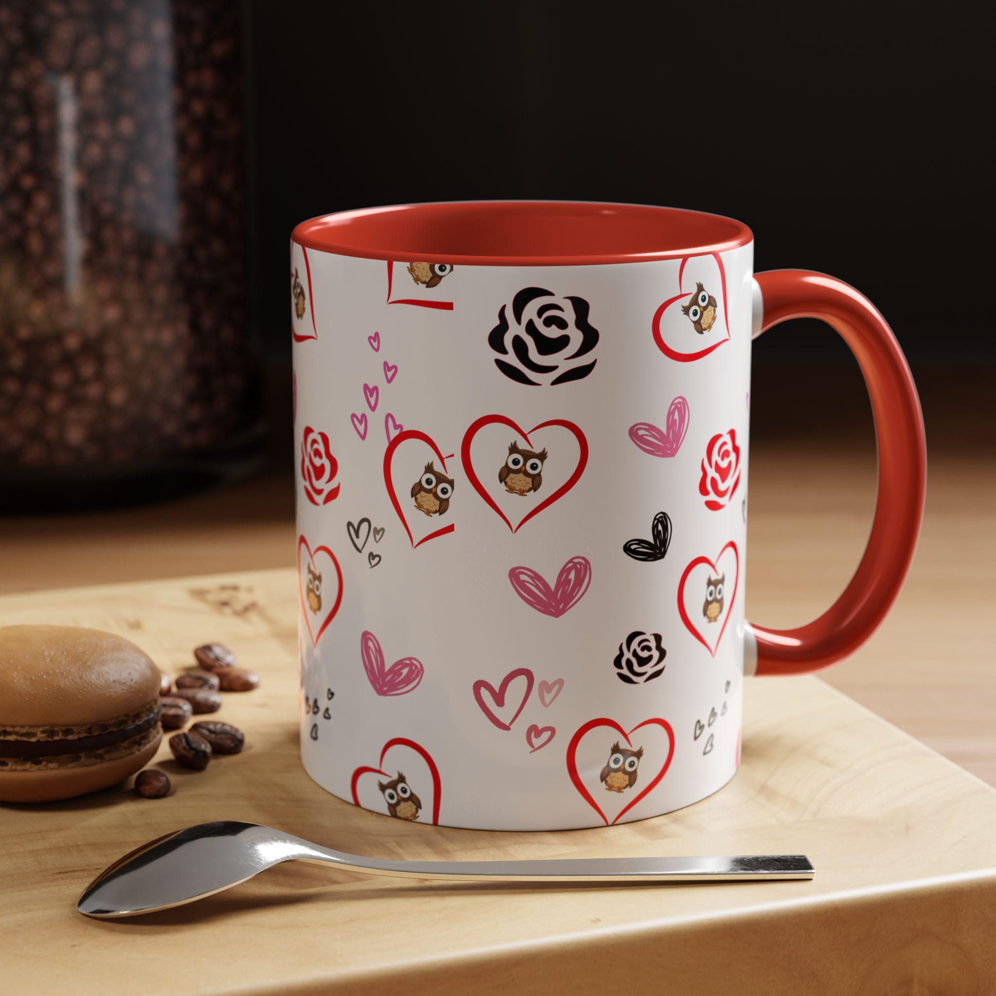 Valentine Owl Heart Pattern Accent Coffee Mug | 11oz 15oz | Valentines Mug | Heart Mug | Mug For Her |