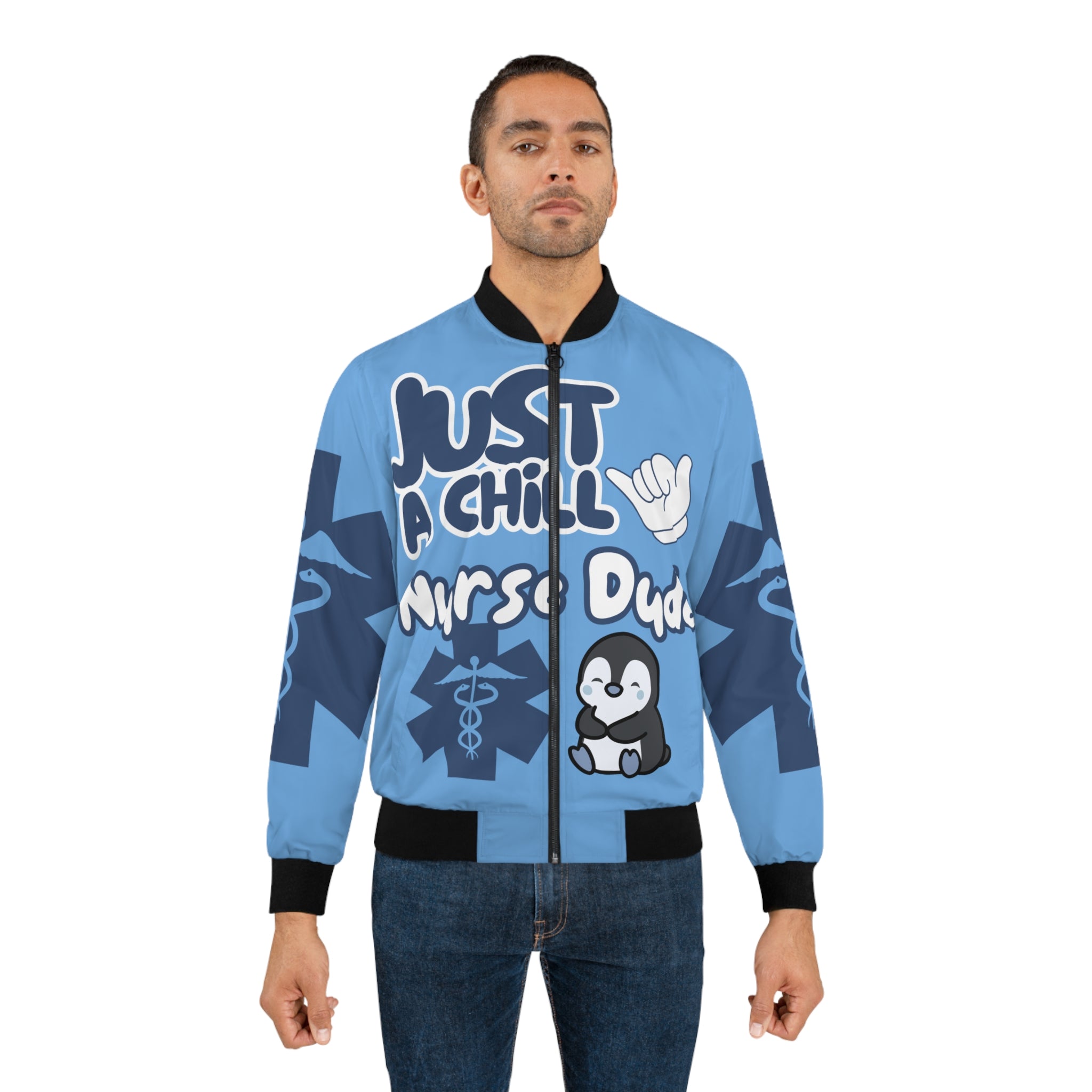 Chill Nurse Dude Medical Bomber Jacket(Blue|White|Light Blue) | Cool EMT Jacket|Healthcare Jacket for Men| Mens Nurse Jacket|Nurse For Him |