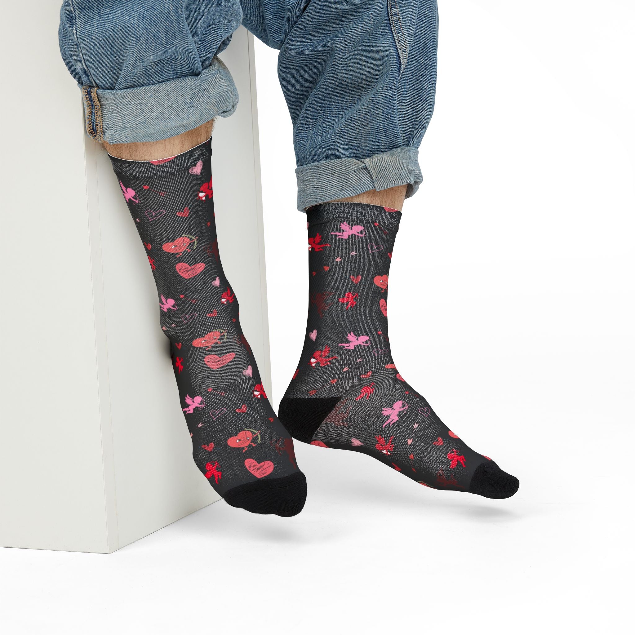 Valentines Love Is a Battlefield' Crew Socks (black)| Cupid Socks | Valentines Day Socks | Heart Socks |