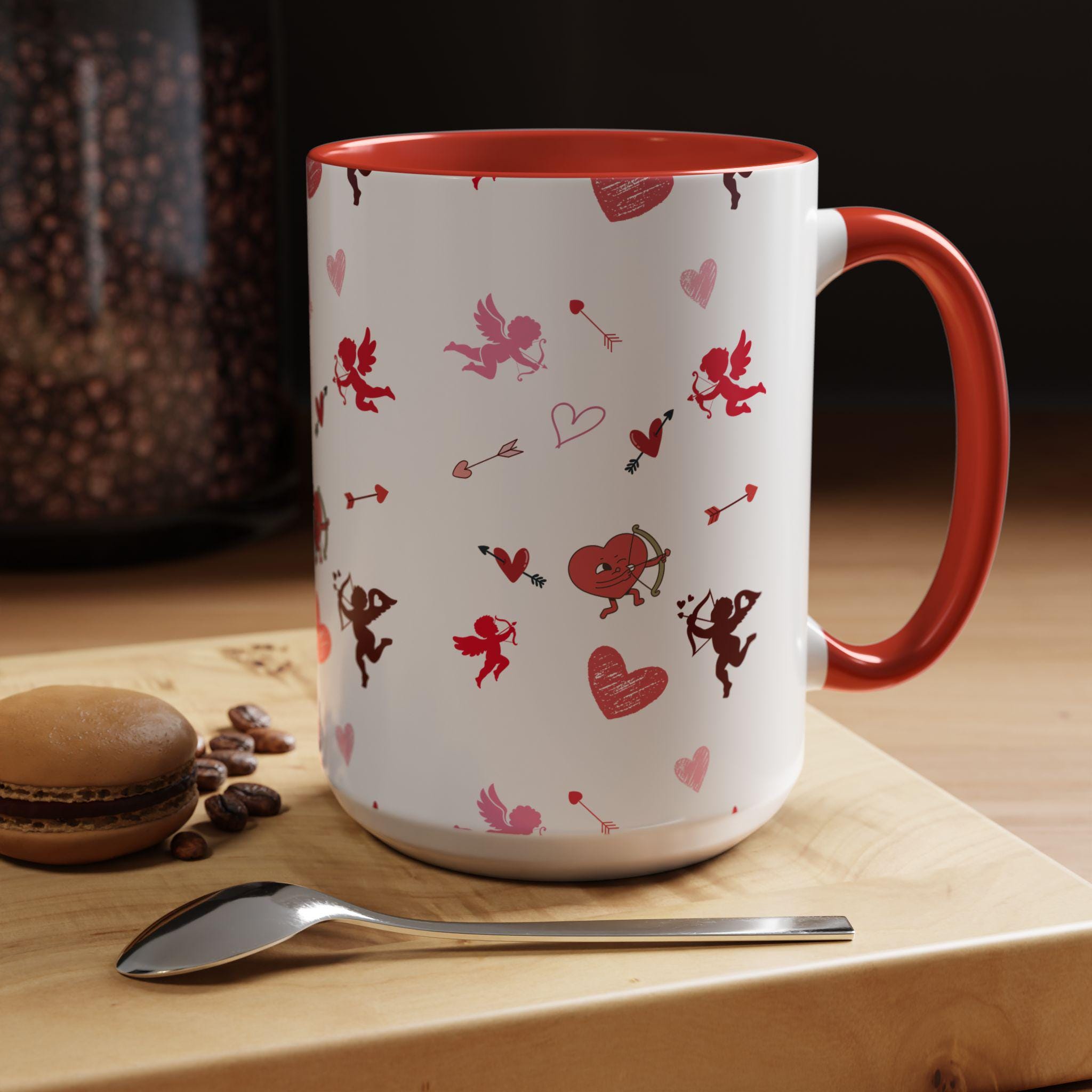Cupid War Heart Pattern Accent Coffee Mug | Valentine Love Arrow Ceramic | Valentines Mug | Valentines
