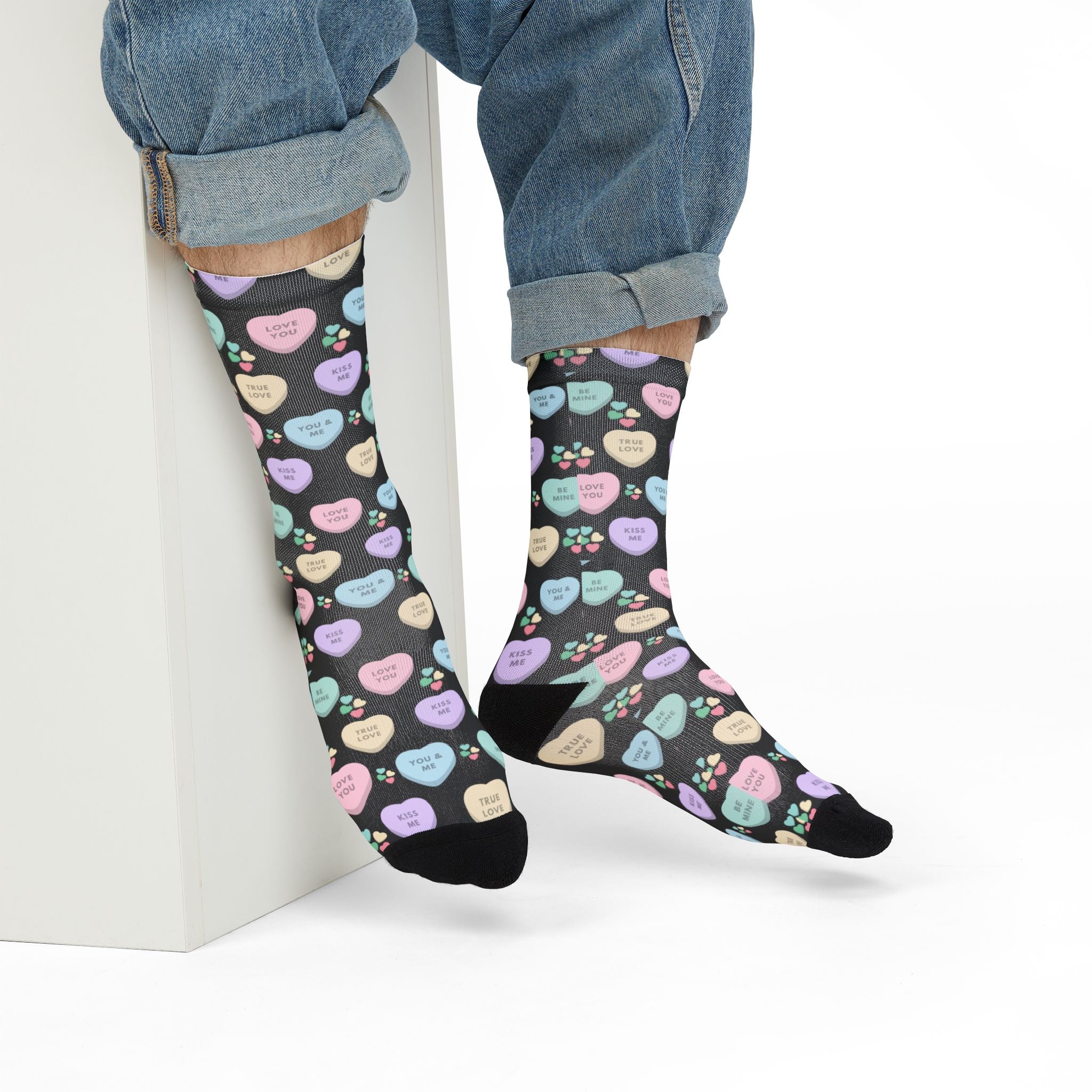 Candy Kisses Valentines Day Crew Socks (black)| Heart Socks | Candy Socks |