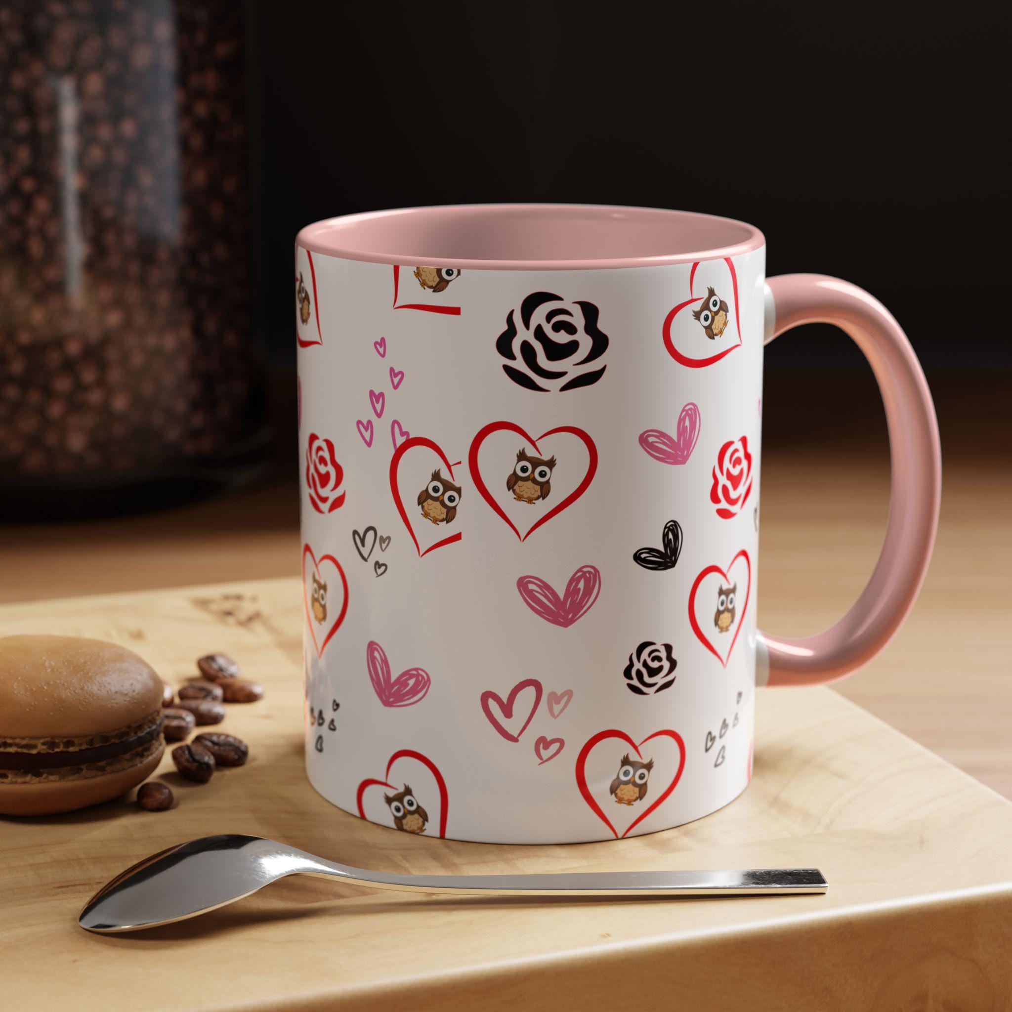 Valentine Owl Heart Pattern Accent Coffee Mug | 11oz 15oz | Valentines Mug | Heart Mug | Mug For Her |