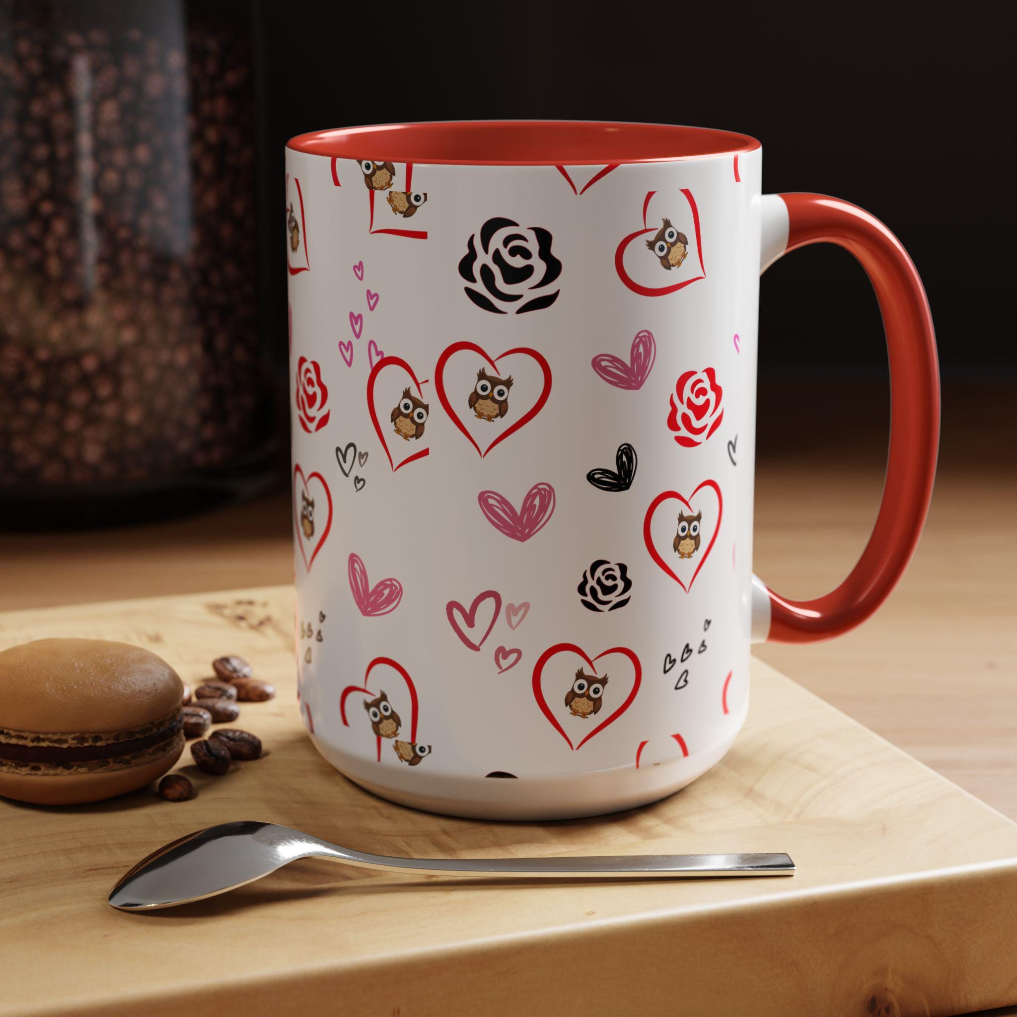 Valentine Owl Heart Pattern Accent Coffee Mug | 11oz 15oz | Valentines Mug | Heart Mug | Mug For Her |
